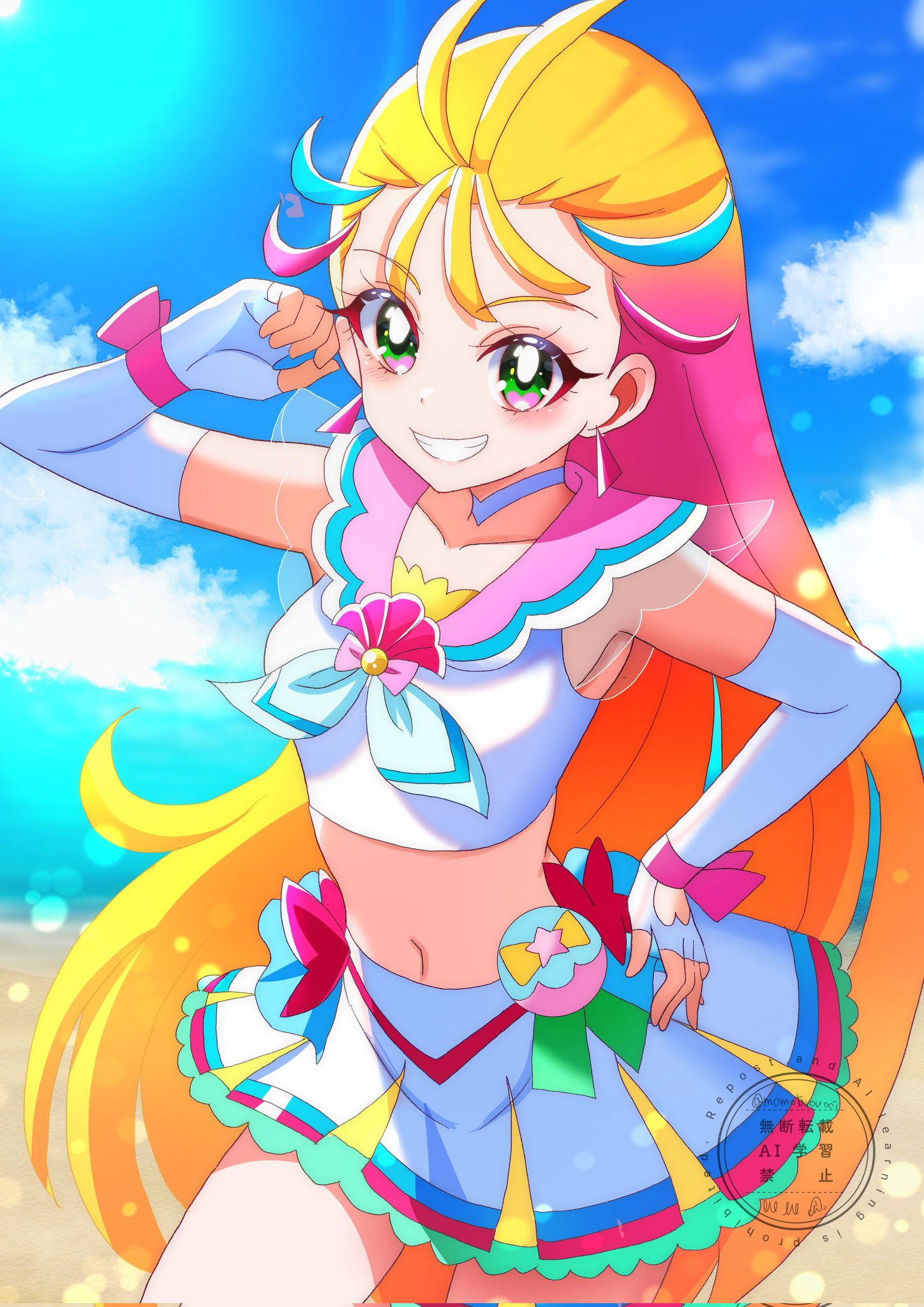 momotarouooi, cure summer, natsuumi manatsu, precure, tropical-rouge! precure, commentary request, highres, 1girl, beach, blue hair, blue sky, bow, choker, cowboy shot, dot nose, elbow gloves, fingerless gloves, glove bow, gloves, gradient hair, green eyes, grin, hand on own hip, heart, heart in eye, loose hair strand, midriff, miniskirt, multicolored hair, multicolored skirt, navel, outdoors, pact holder, pink bow, pink hair, see-through clothes, skirt, sky, smile, solo, standing, streaked hair, symbol in eye, tank top, watermark, white bow, white choker, white gloves, white skirt