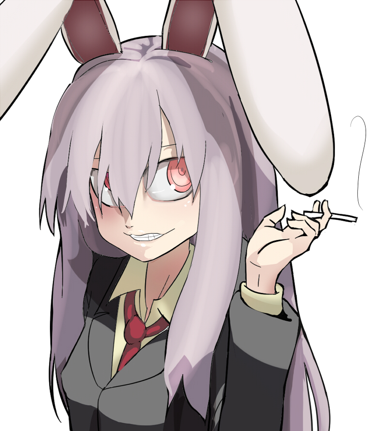 hospital king, kimonge, reisen udongein inaba, touhou, 1girl, animal ears, cigarette, female focus, formal clothes, grin, long hair, necktie, purple hair, rabbit ears, red eyes, red necktie, simple background, smile, solo, suit, white background