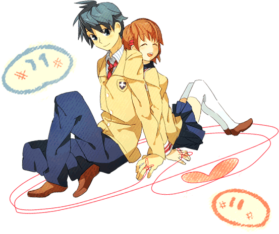 furukawa nagisa, okazaki tomoya, clannad, 00s, antenna hair, back-to-back, blue eyes, blue hair, blush, brown eyes, brown hair, smile, string, string of fate, transparent background
