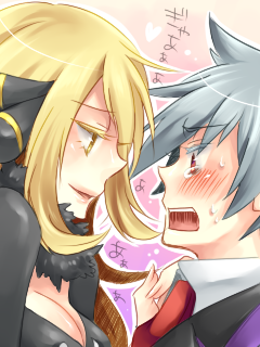 cynthia (pokemon), steven stone, nintendo, pokemon, lowres, translation request, 1boy, 1girl, blonde hair, blush, breasts, cleavage, long hair, nervous, qvga, smile