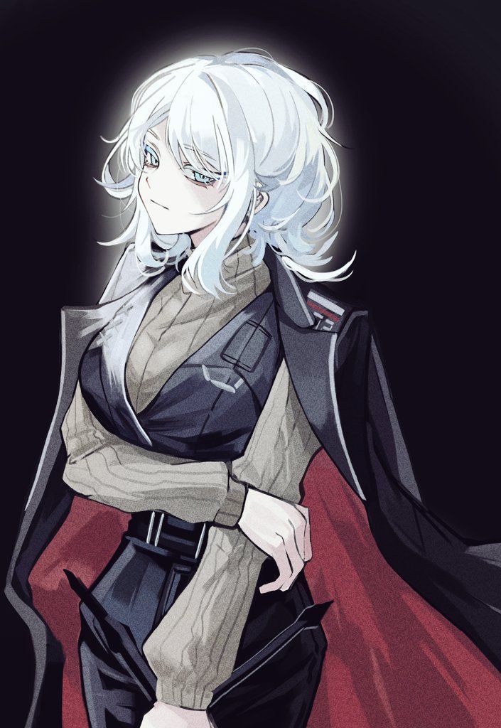 aka dang, faust (project moon), limbus company, project moon, bad id, bad twitter id, 1girl, black background, black coat, black vest, blue eyes, brown sweater, closed mouth, coat, coat on shoulders, cowboy shot, glowing, glowing hair, hand on own arm, holding, holding sword, holding weapon, medium hair, sidelocks, simple background, solo, sweater, sword, vest, weapon, white hair