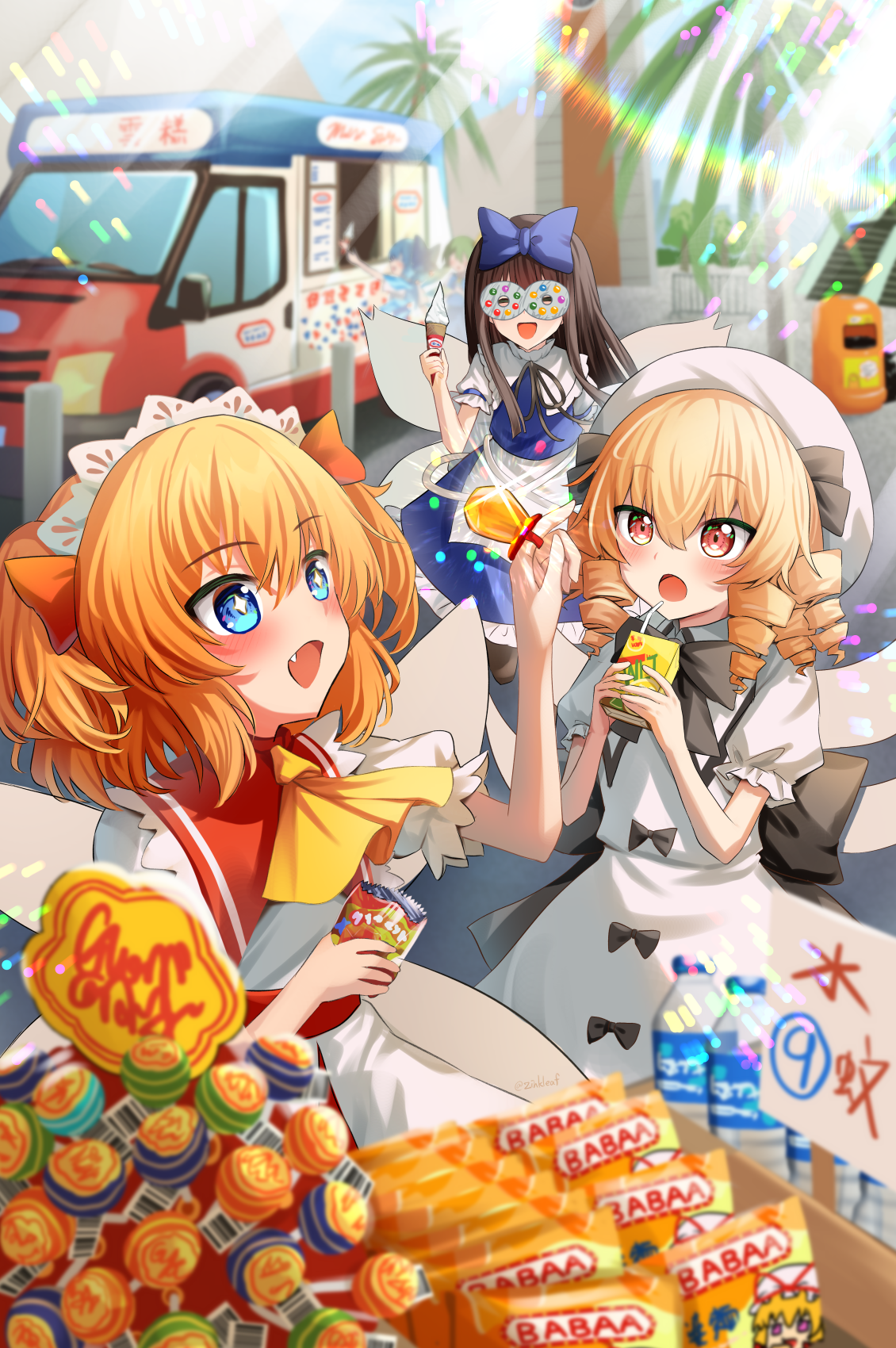 yu cha, cirno, daiyousei, luna child, star sapphire, sunny milk, yakumo yukari, touhou, chinese commentary, commentary request, highres, mixed-language commentary, + +, 5girls, apron, ascot, back bow, black bow, black bowtie, blonde hair, blue bow, blue dress, blue eyes, blue hair, blurry, bottle, bow, bowtie, brown hair, candy, character print, circled 9, contemporary, day, depth of field, donut, dress, drill hair, drink carton, eating, fairy, fairy wings, food, food truck, green hair, hair bow, hat, holding, holding candy, holding food, holding ice cream cone, holding juice box, holding lollipop, ice cream, ice cream cone, juice box, lens flare, lollipop, motor vehicle, multiple girls, orange hair, outdoors, red eyes, smile, waist apron, water bottle, white apron, white dress, white hat, white headdress, wings, yellow ascot