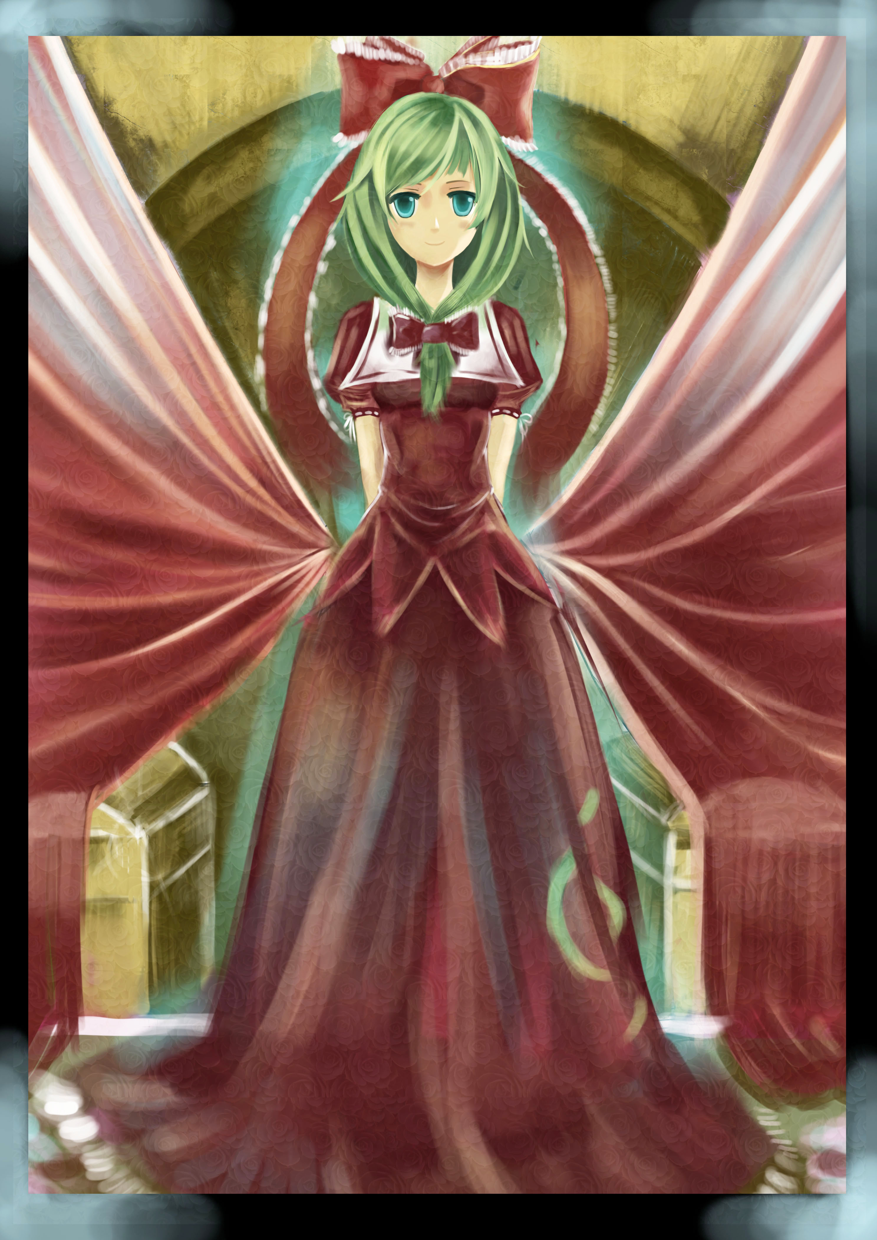 her yuusome, kagiyama hina, touhou, absurdres, bad id, bad pixiv id, highres, 1girl, blue eyes, bow, dress, female focus, flower, frills, green hair, hair bow, hair ribbon, long hair, ribbon, smile, solo