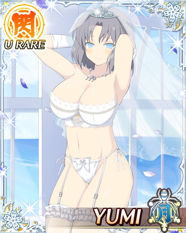 yumi (senran kagura), senran kagura, senran kagura new wave, game cg, official art, third-party source, 1girl, armpits, arms behind head, bare arms, blue eyes, border, bow, bow panties, bra, breasts, bridal lingerie, bridal veil, bride, card (medium), character name, cleavage, closed mouth, garter straps, grey hair, groin, lace trim, large breasts, lingerie, medium hair, navel, panties, side-tie panties, silver tiara, smile, solo, strapless, strapless bra, string panties, thighhighs, underwear, underwear only, veil, white bra, white garter straps, white thighhighs