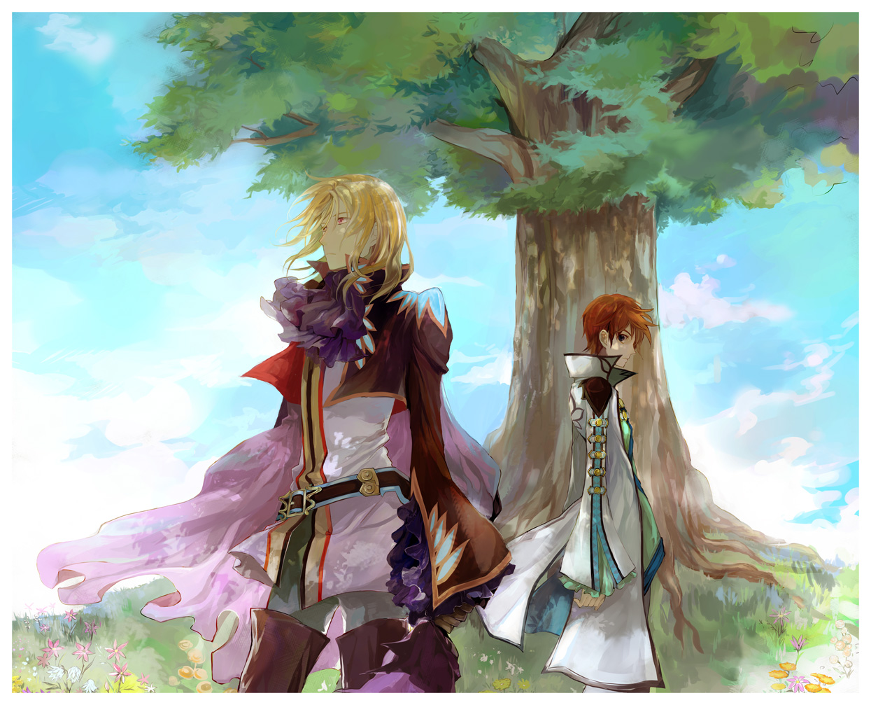 mooche, asbel lhant, richard (tales), tales of (series), tales of graces, 2boys, ascot, blonde hair, brown hair, cape, flower, male focus, multiple boys, nature, outdoors, plant, sky, tree