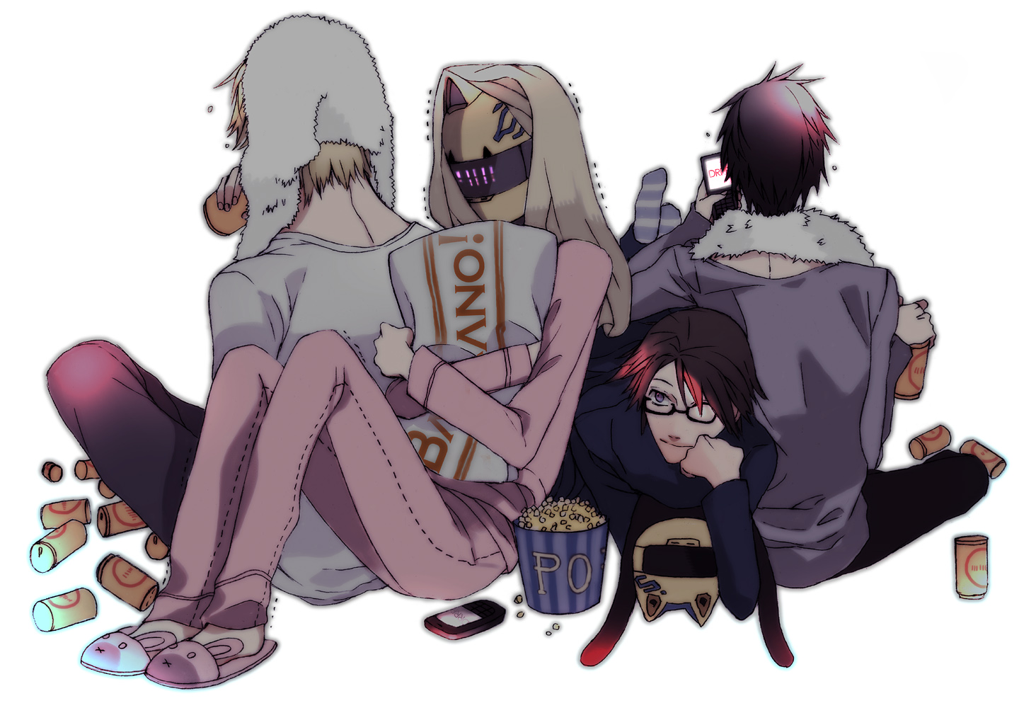 yos (artist), celty sturluson, heiwajima shizuo, kishitani shinra, orihara izaya, baccano!, durarara!!, bad id, bad pixiv id, 00s, 1girl, 3boys, animal ears, back, cat ears, cellphone, food, glasses, helmet, motorcycle helmet, multiple boys, pajamas, phone, popcorn, shaking, sitting, slippers, towel, trembling