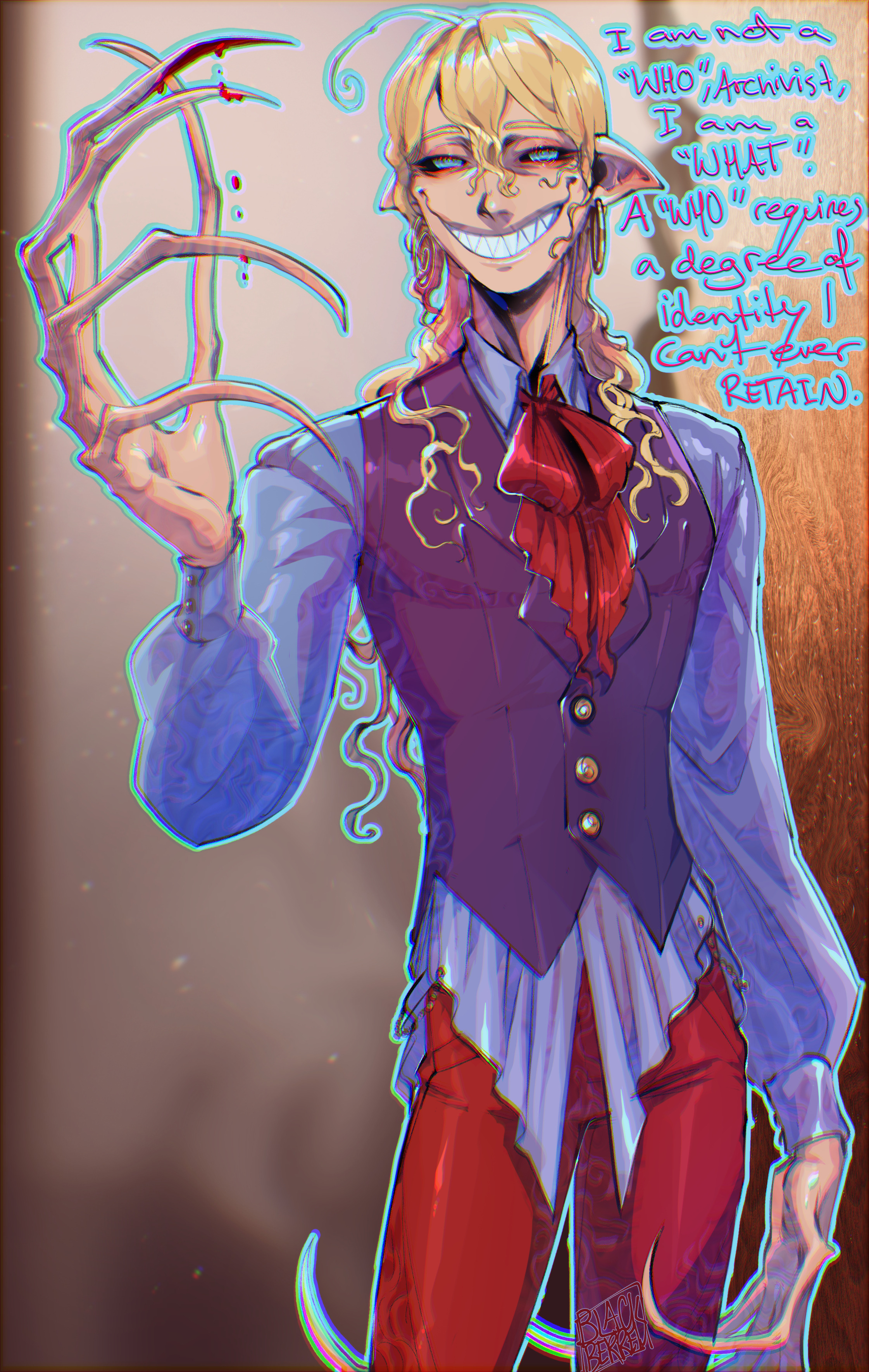 blackberreh-art, the magnus archives, absurdres, commentary, english commentary, highres, 1boy, ahoge, blonde hair, blue eyes, bow, crow's feet, curly hair, design speculation, distortion (tma), earrings, grin, jewelry, lips, long hair, male focus, michael shelley, monster boy, pointy ears, ribbon, sharp teeth, shirt, smile, teeth, vest