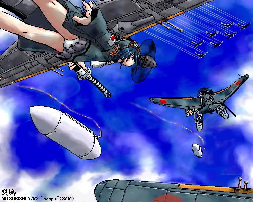 yonezuka ryou, b-29, mitsubishi reppuu, lowres, 2girls, a7m2, aircraft, airplane, b-29 superfortress, black hair, character name, cloud, contrail, flying, long hair, mecha musume, military, miniskirt, multiple girls, oekaki, panties, pantyshot, pleated skirt, skirt, sky, sword, underwear, weapon, white panties, world war ii