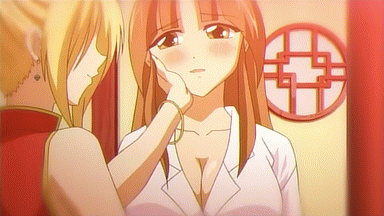 sumomomo momomo, animated, animated gif, character request, lowres, 00s, blush, breasts, bursting breasts, cleavage, large breasts, smile, yuri