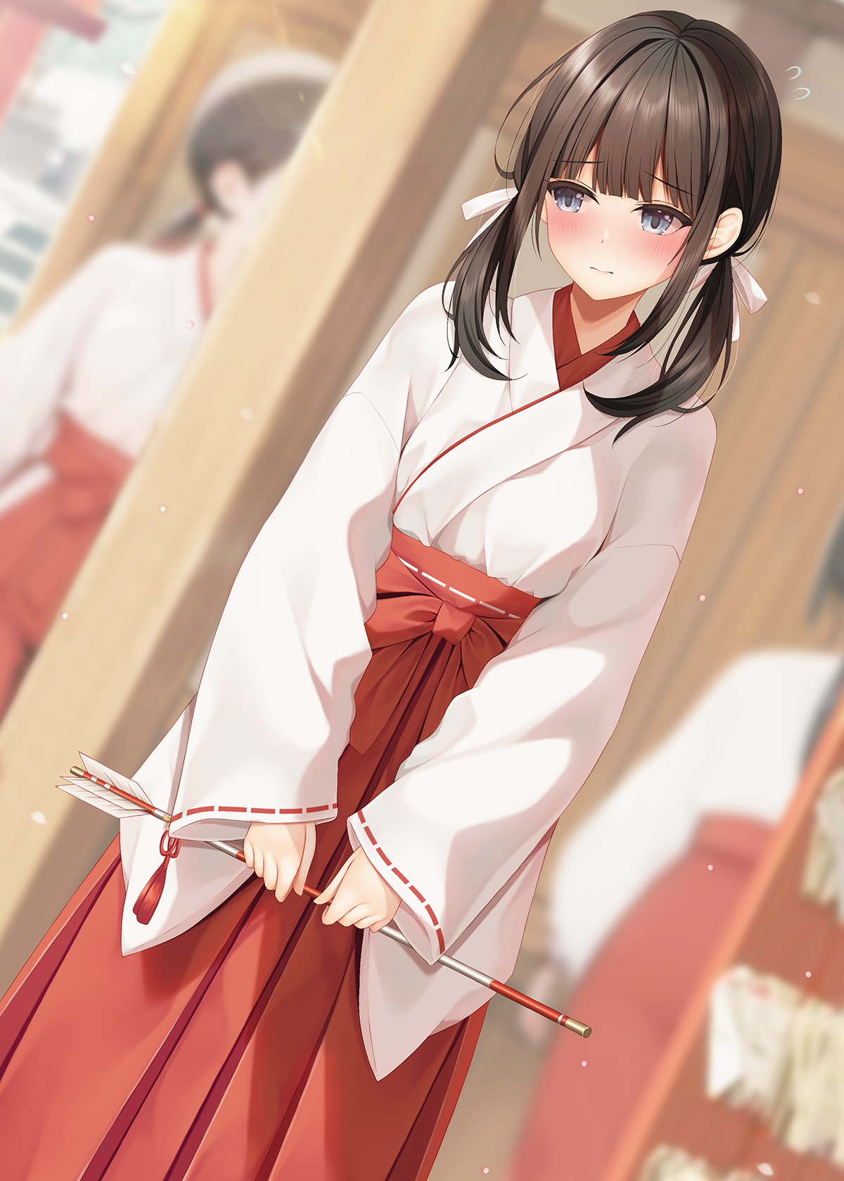 minato ojitan, original, commentary request, highres, variant set, 3girls, arrow (projectile), averting eyes, blurry, blurry background, blush, brown hair, closed mouth, grey eyes, hakama, hakama skirt, hamaya, holding, holding arrow, japanese clothes, long hair, long skirt, long sleeves, miko, multiple girls, red skirt, sidelocks, skirt, solo focus
