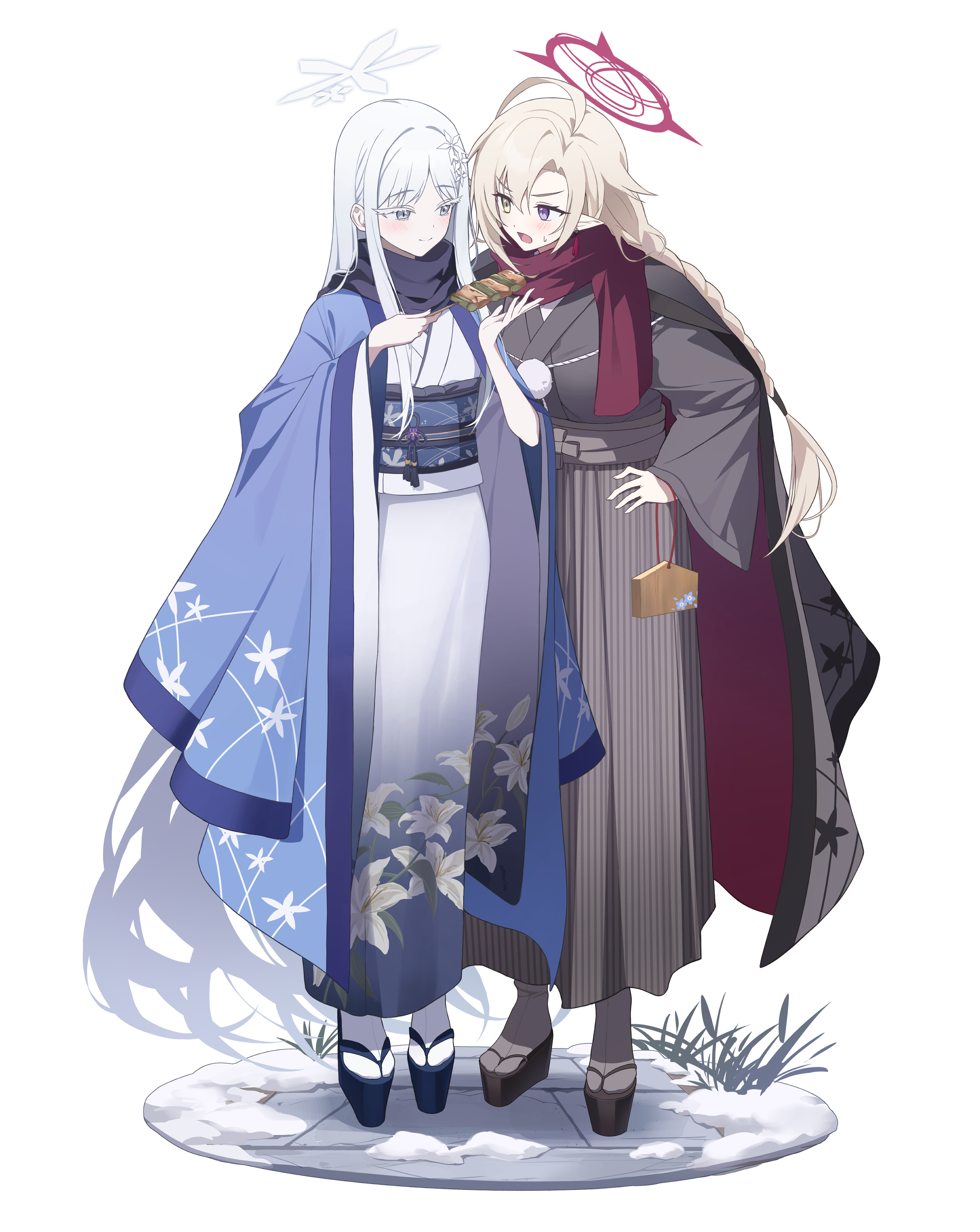 manew, ayame (blue archive), nagusa (blue archive), blue archive, absurdres, commentary, highres, symbol-only commentary, 2girls, blonde hair, food, grey eyes, grey hair, grey halo, halo, heterochromia, japanese clothes, kimono, long hair, multiple girls, purple eyes, red halo, simple background, tabi, white background, yakitori, yellow eyes