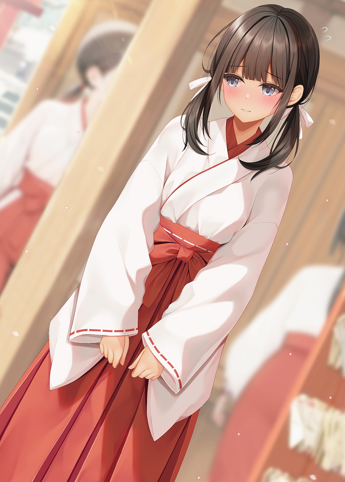 minato ojitan, original, commentary request, highres, variant set, 3girls, averting eyes, blurry, blurry background, blush, brown hair, closed mouth, grey eyes, hakama, hakama skirt, japanese clothes, long hair, long skirt, long sleeves, miko, multiple girls, red skirt, sidelocks, skirt, solo focus, tan