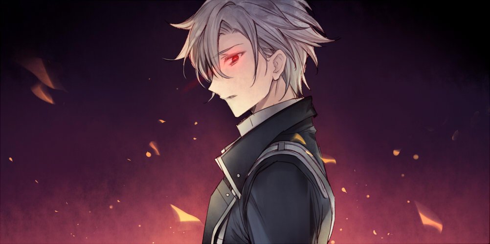 achan (blue semi), rean schwarzer, eiyuu densetsu, sen no kiseki, sen no kiseki (series), sen no kiseki iv, 1boy, curtained hair, fire, from side, glowing, glowing eyes, gradient background, looking at viewer, male focus, parted bangs, red eyes, short hair, solo, white hair