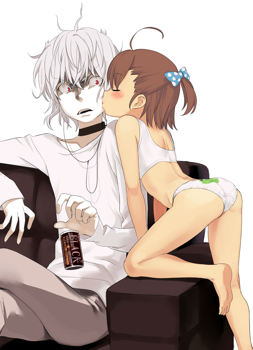 kazuga (dorp), accelerator (toaru majutsu no index), gekota, last order (toaru majutsu no index), toaru majutsu no index, bad id, bad pixiv id, highres, 1boy, 1girl, ahoge, albino, animal print, ass, barefoot, blush, bow, can, canned coffee, closed eyes, coffee, drink can, feet, frog print, hair bow, hair ribbon, half updo, hetero, kiss, kissing cheek, loli, open mouth, pale skin, panties, ponytail, print panties, red eyes, ribbon, short hair, simple background, sports bra, surprised, underwear, underwear only, white background, white hair, white panties