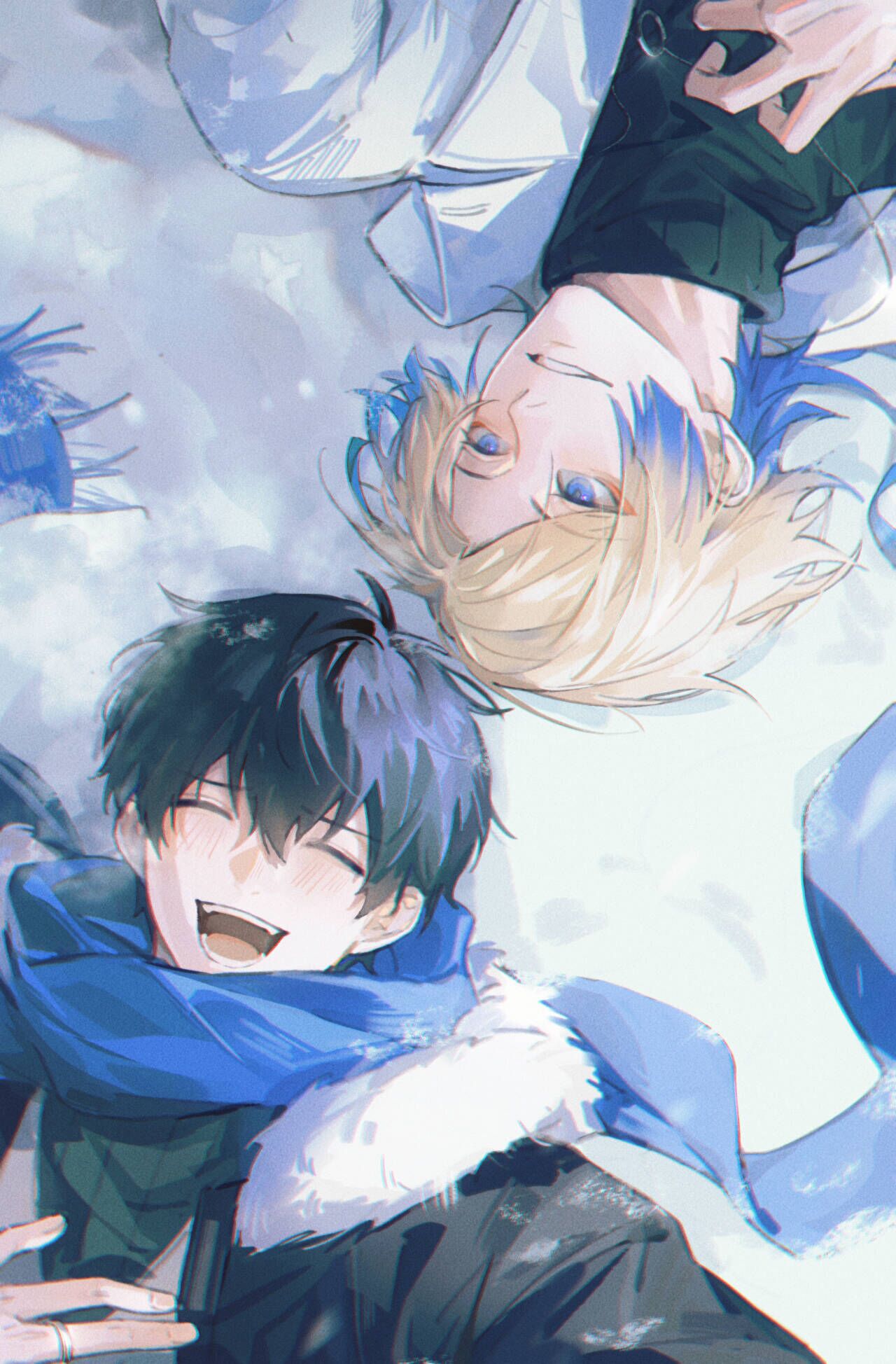 pcal pcal, isagi yoichi, michael kaiser, blue lock, commentary, highres, 2boys, black hair, black jacket, blonde hair, blue eyes, blue hair, blue scarf, blush, closed eyes, fur-trimmed jacket, fur trim, happy, jacket, jewelry, lying, male focus, multicolored hair, multiple boys, necklace, on back, on ground, open mouth, ring, ring necklace, scarf, short hair, short hair with long locks, snow, two-tone hair, white jacket, yaoi