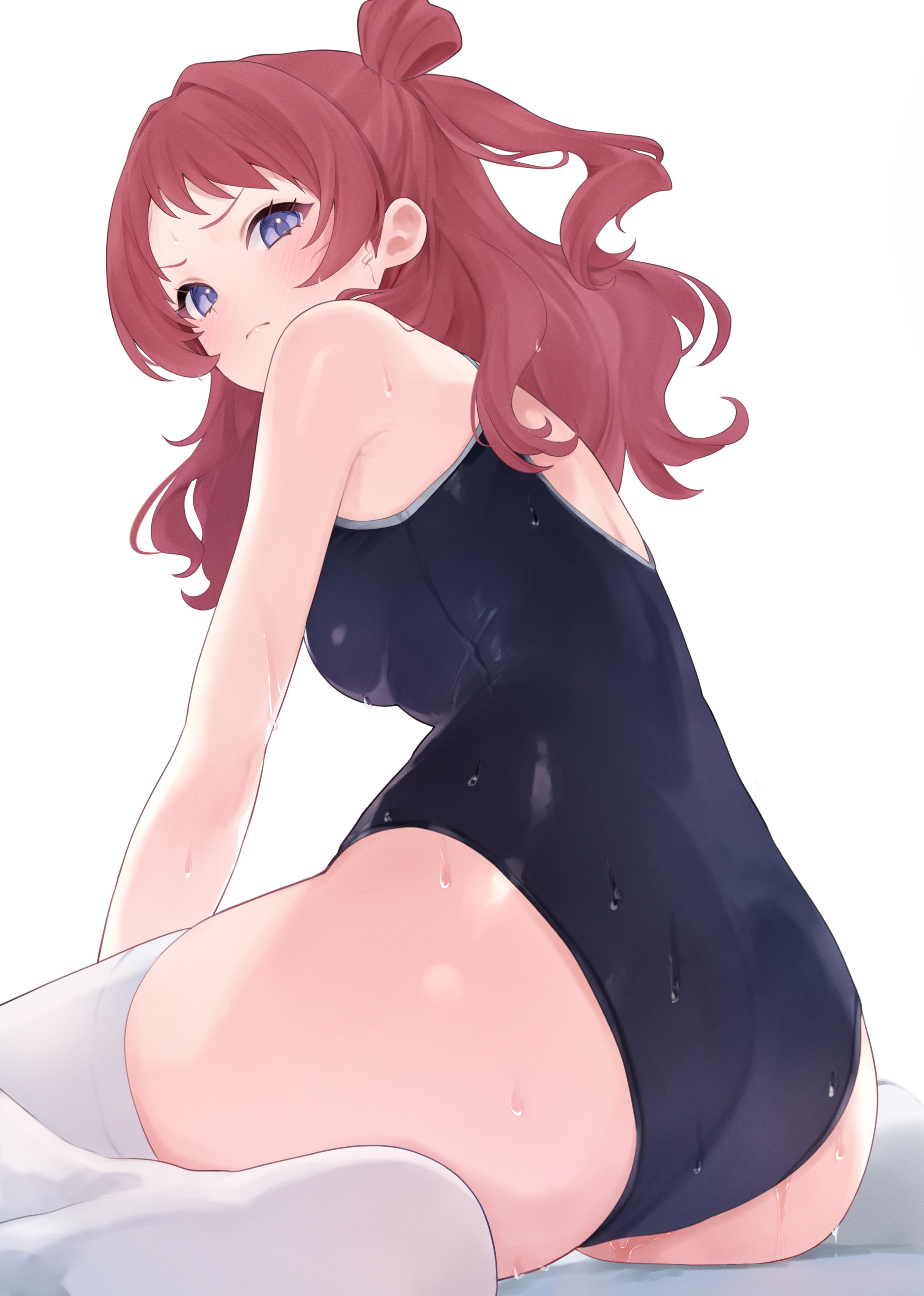 genmai komeko, hanami saki, gakuen idolmaster, idolmaster, absurdres, commentary request, highres, 1girl, ass, blue eyes, breasts, long hair, looking at viewer, medium breasts, one-piece swimsuit, red hair, school swimsuit, sitting, solo, swimsuit, thighhighs, wariza, wet, white thighhighs
