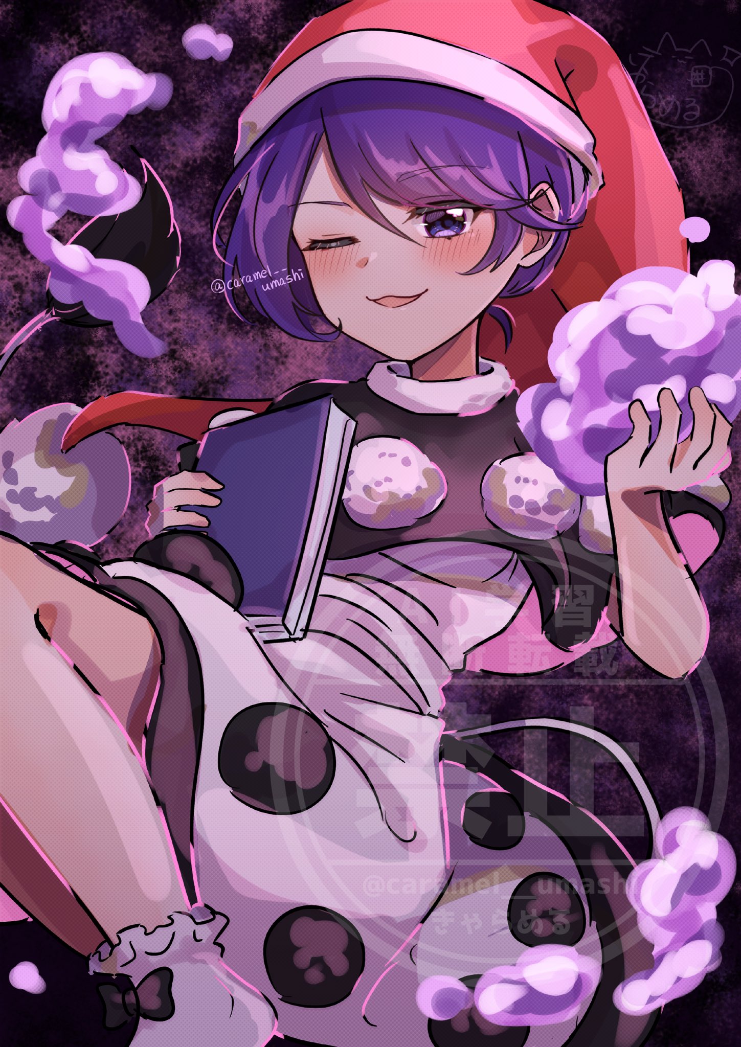 caramel umashi, doremy sweet, touhou, commentary, highres, 1girl, black capelet, blue eyes, blue hair, book, capelet, cow tail, dream soul, dress, floating, hat, holding, holding book, looking at viewer, nightcap, one eye closed, parted lips, pom pom (clothes), short sleeves, smile, socks, solo, tail, twitter username, watermark, white dress, white socks