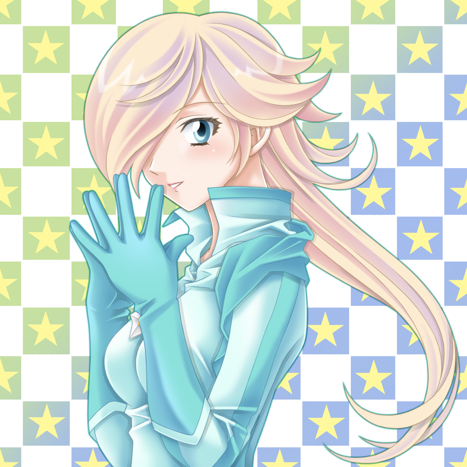 tamamon, biker rosalina, rosalina, mario (series), mario kart, mario kart wii, nintendo, super mario galaxy, highres, 1girl, alternate costume, biker clothes, bikesuit, blonde hair, blue eyes, bodysuit, female focus, gloves, hair over one eye, long hair, smile, solo, star (symbol)