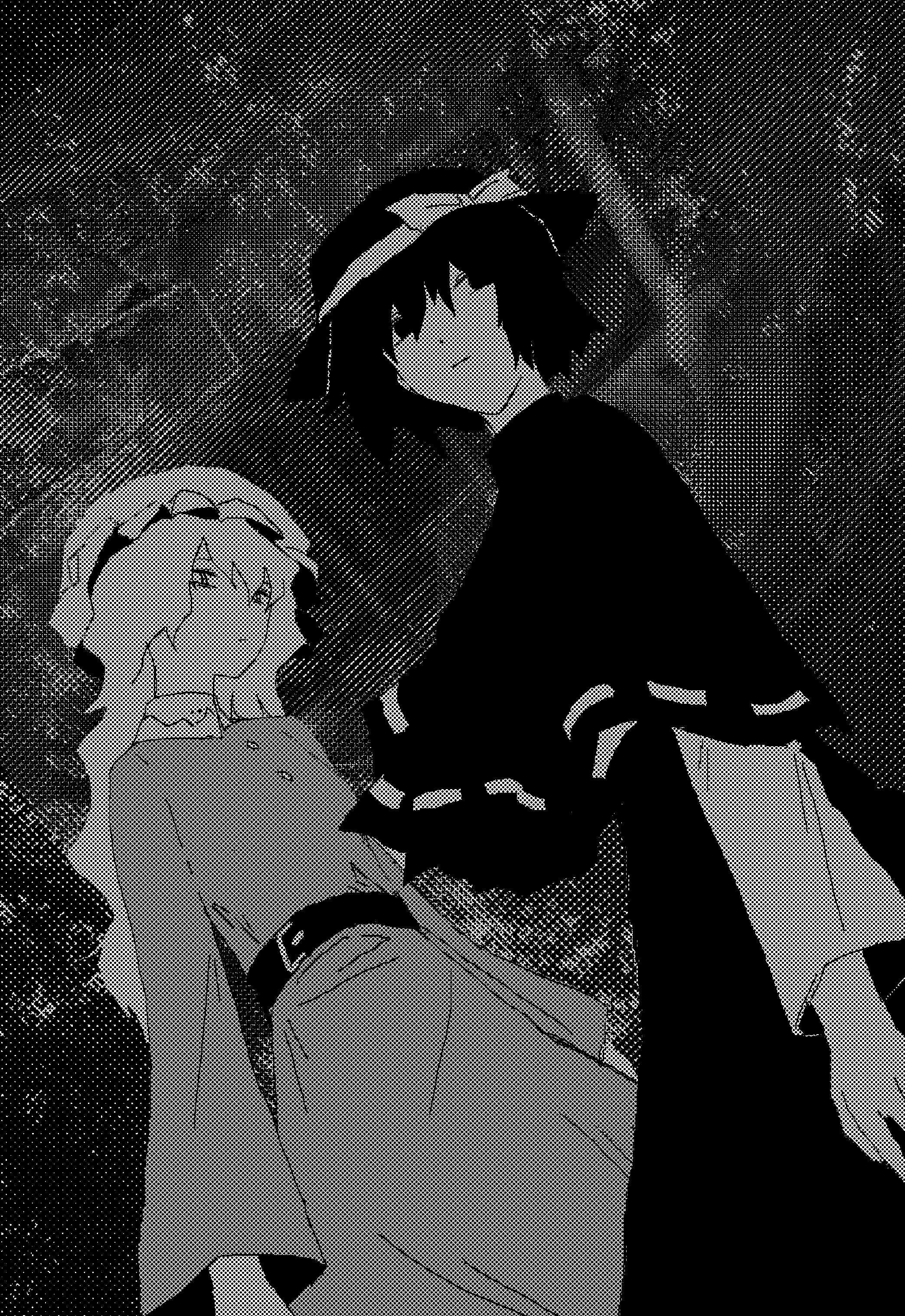 rev (revenger pic), maribel hearn, usami renko, touhou, absurdres, highres, 2girls, arms at sides, belt, belt buckle, bow, buckle, capelet, collared dress, cowboy shot, dress, dutch angle, expressionless, frilled hat, frills, from side, greyscale, hat, hat bow, long hair, looking to the side, mob cap, monochrome, multiple girls, ribbon-trimmed capelet, ribbon trim, shirt, short hair, sideways glance, skirt, standing