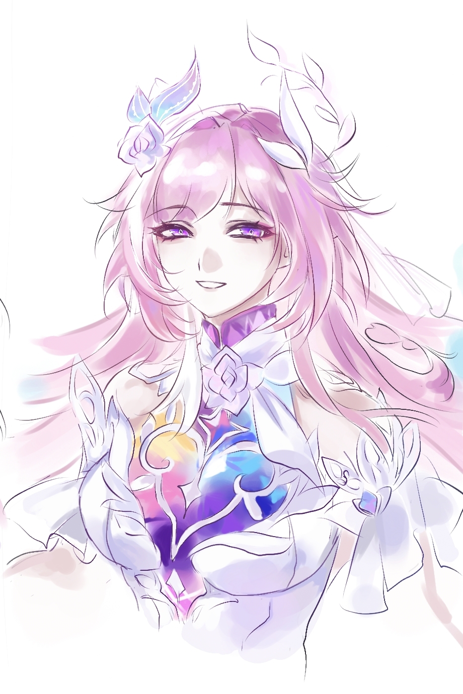 cyrene (demiurge) (honkai: star rail), cyrene (honkai: star rail), honkai: star rail, honkai (series), chinese commentary, commentary request, highres, 1girl, aqua hair, bare shoulders, breasts, diamond-shaped pupils, diamond (shape), dress, flower, hair flower, hair ornament, heartlessx, large breasts, long hair, looking at viewer, multicolored hair, pink hair, purple eyes, simple background, smile, solo, symbol-shaped pupils, upper body, very long hair, white background, white dress, white hair