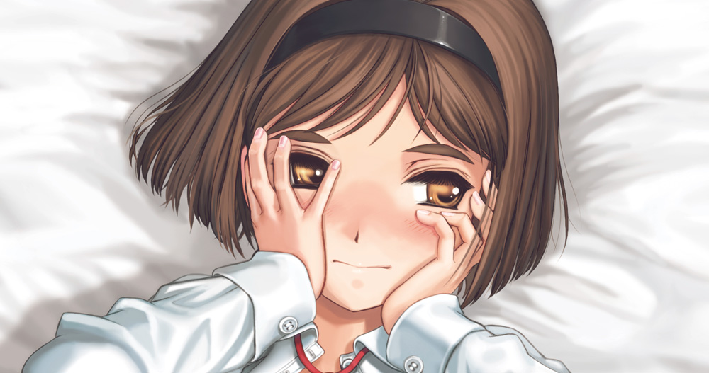 youkai ankake, henrietta (gunslinger girl), gunslinger girl, 00s, 1girl, blush, brown eyes, brown hair, close-up, embarrassed, female focus, fingernails, hairband, hands on own face, short hair, solo