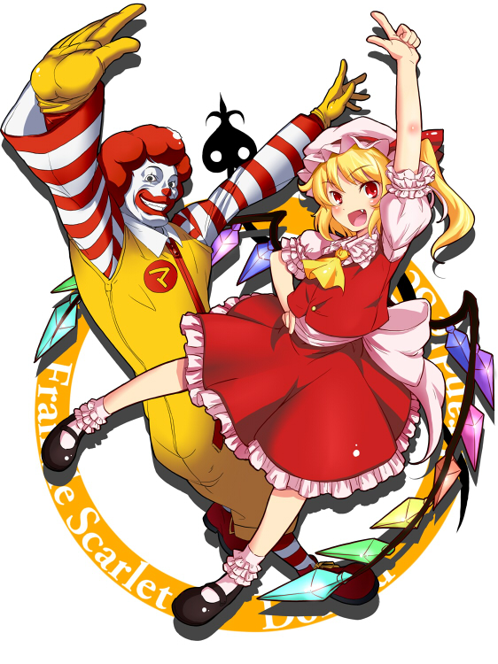 no~ma, flandre scarlet, ronald mcdonald, m.u.g.e.n, mcdonald's, touhou, 1boy, 1girl, blonde hair, clown, facepaint, fang, full body, meme, ran ran ruu, red eyes, red hair, shoes, short hair, smile, socks, white background, wings