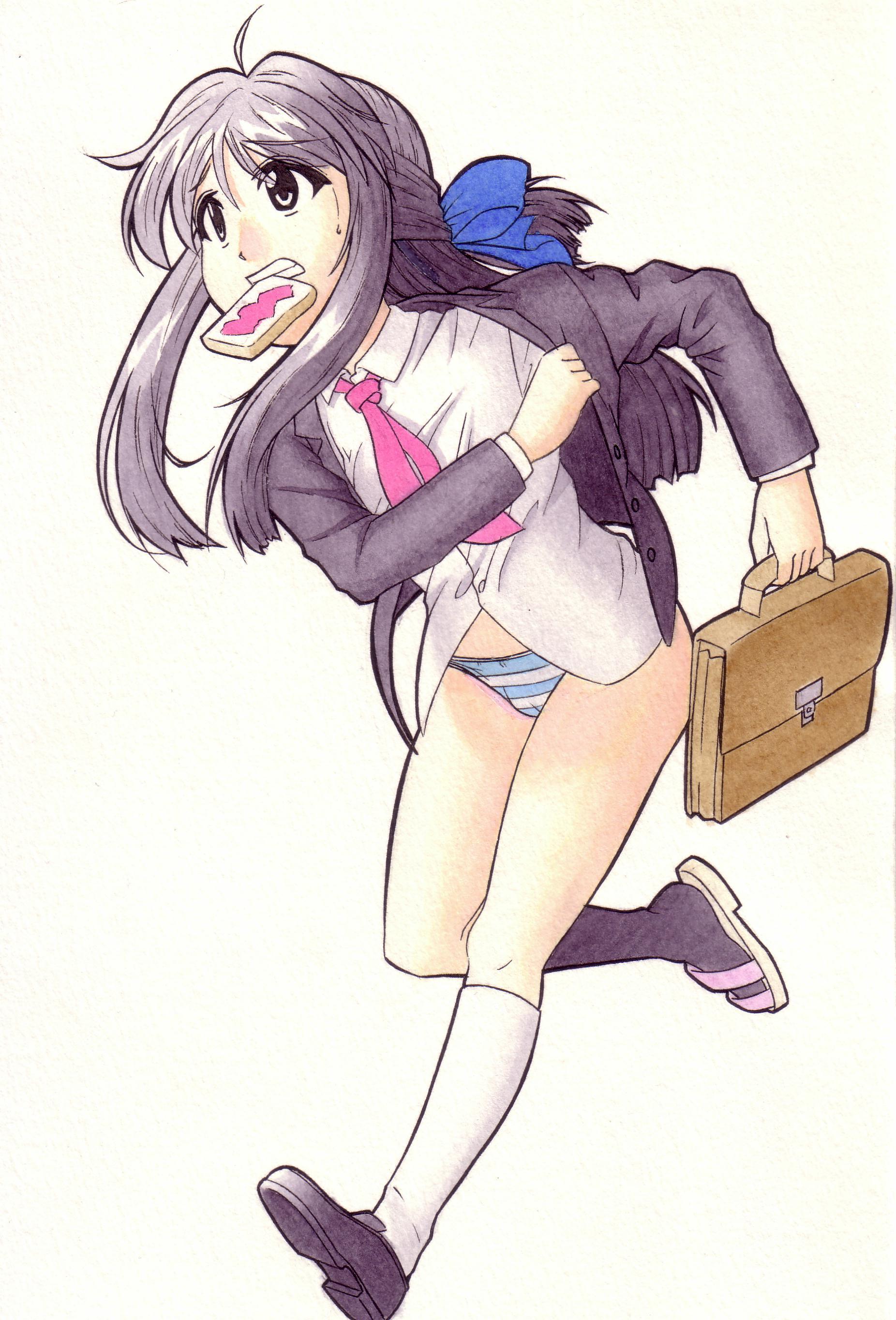 nobu4152, original, absurdres, highres, traditional media, 1girl, ahoge, asymmetrical clothes, asymmetrical footwear, bag, black eyes, black hair, bottomless, bread, bread slice, dressing, female focus, food, food in mouth, legs, long hair, mismatched footwear, mouth hold, necktie, no pants, panties, running, school bag, solo, striped clothes, striped panties, sweatdrop, toast, toast in mouth, underwear