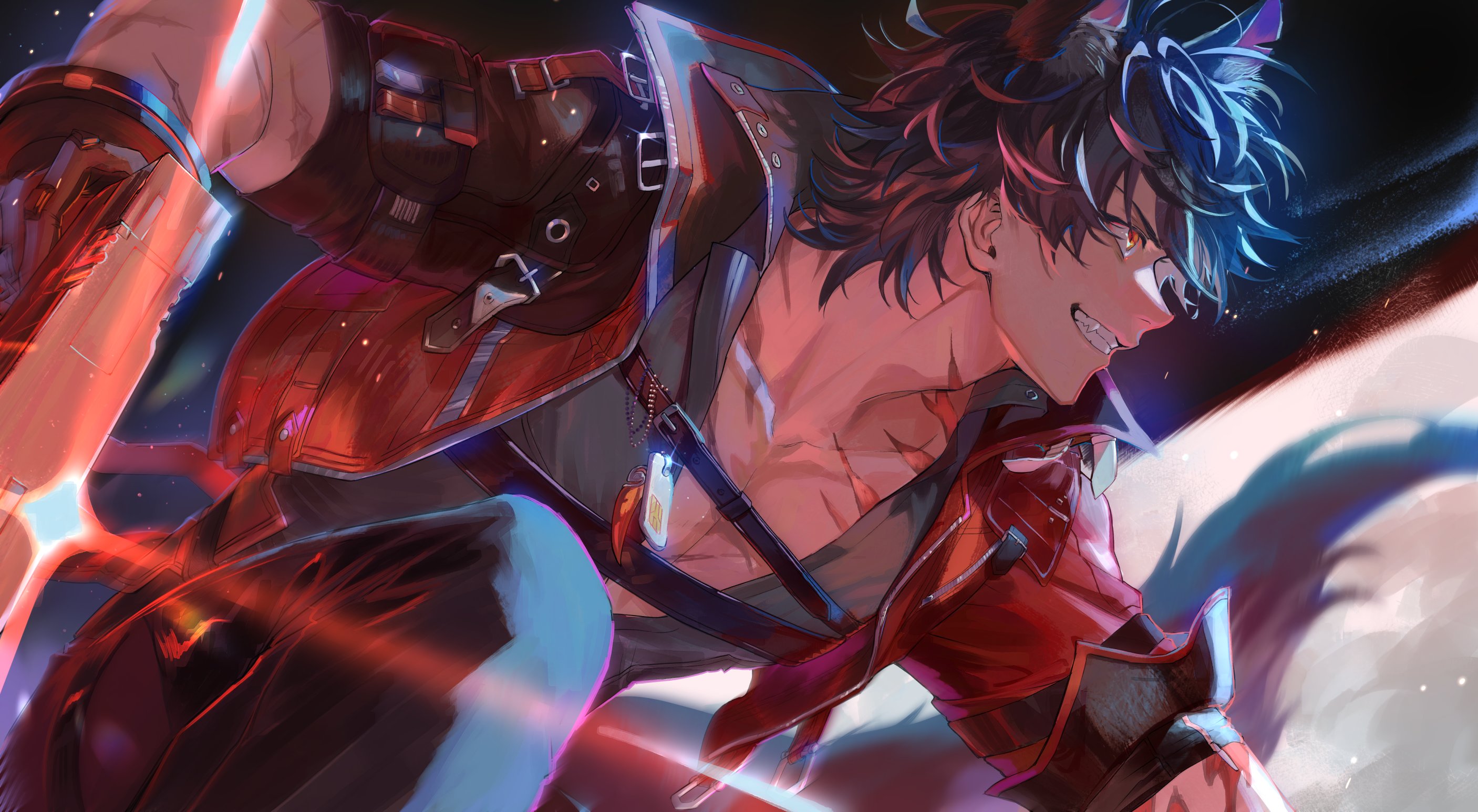 oyakorodesu, wulfgard (arknights), arknights, arknights: endfield, commentary, english commentary, highres, 1boy, animal ear fluff, animal ears, belt, black belt, chest belt, dynamic pose, grey pants, grey shirt, grin, gun, handgun, holding, holding gun, holding weapon, jacket, male focus, pants, red eyes, red jacket, scar, scar on arm, scar on chest, shirt, sleeve cuffs, smile, solo, tail, teeth, weapon, wolf boy, wolf ears, wolf tail