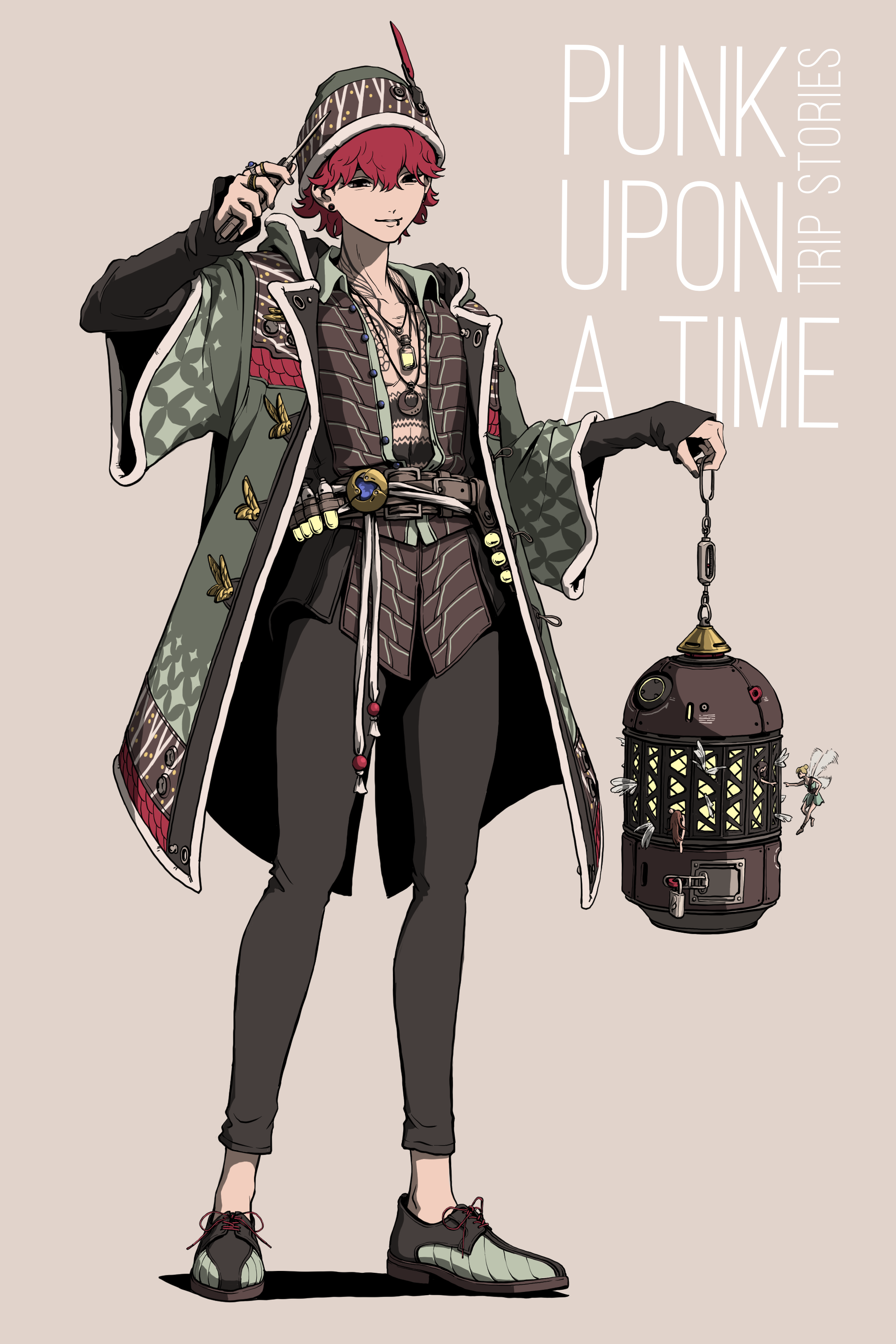 original, absurdres, character request, commentary request, copyright request, highres, 1boy, 6+girls, belt, birdcage, brown background, brown eyes, cage, chest tattoo, coat, cyberpunk, english text, fairy, fairy wings, full body, green coat, holding, holding cage, jewelry, multiple girls, necklace, red hair, shoes, sneakers, solo, standing, tattoo, user ujsh8484, wings