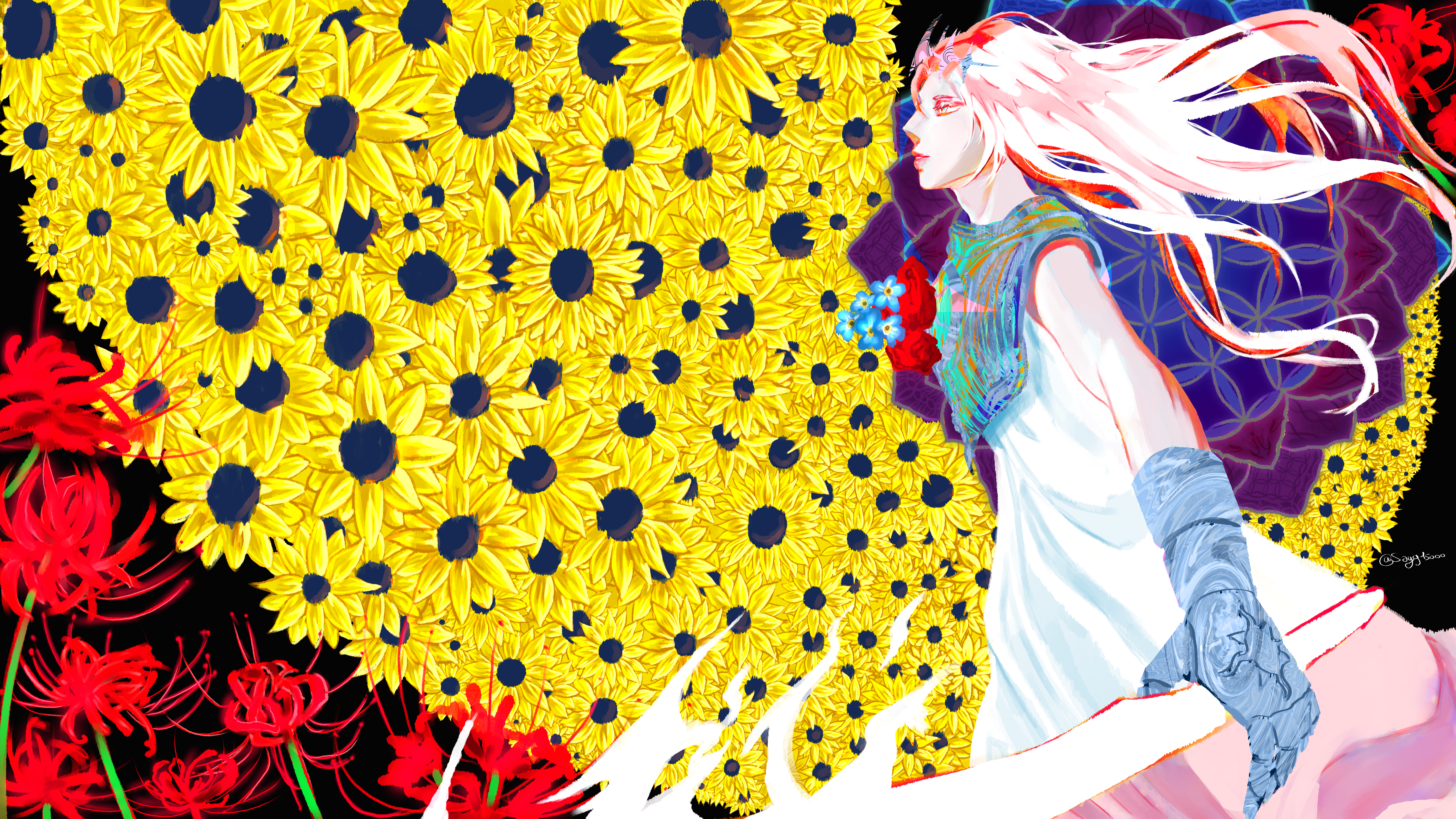 nephis (shadow slave), shadow slave, absurdres, commentary, english commentary, highres, 1girl, armor, blue gloves, breastplate, chrysanthemum, crown, dress, floating hair, flower, foreshortening, forget-me-not (flower), from side, gloves, grey eyes, holding, holding weapon, long hair, looking to the side, outstretched arm, parted lips, serious, solo, spider lily, sunflower, too many flowers, weapon, white dress, white hair