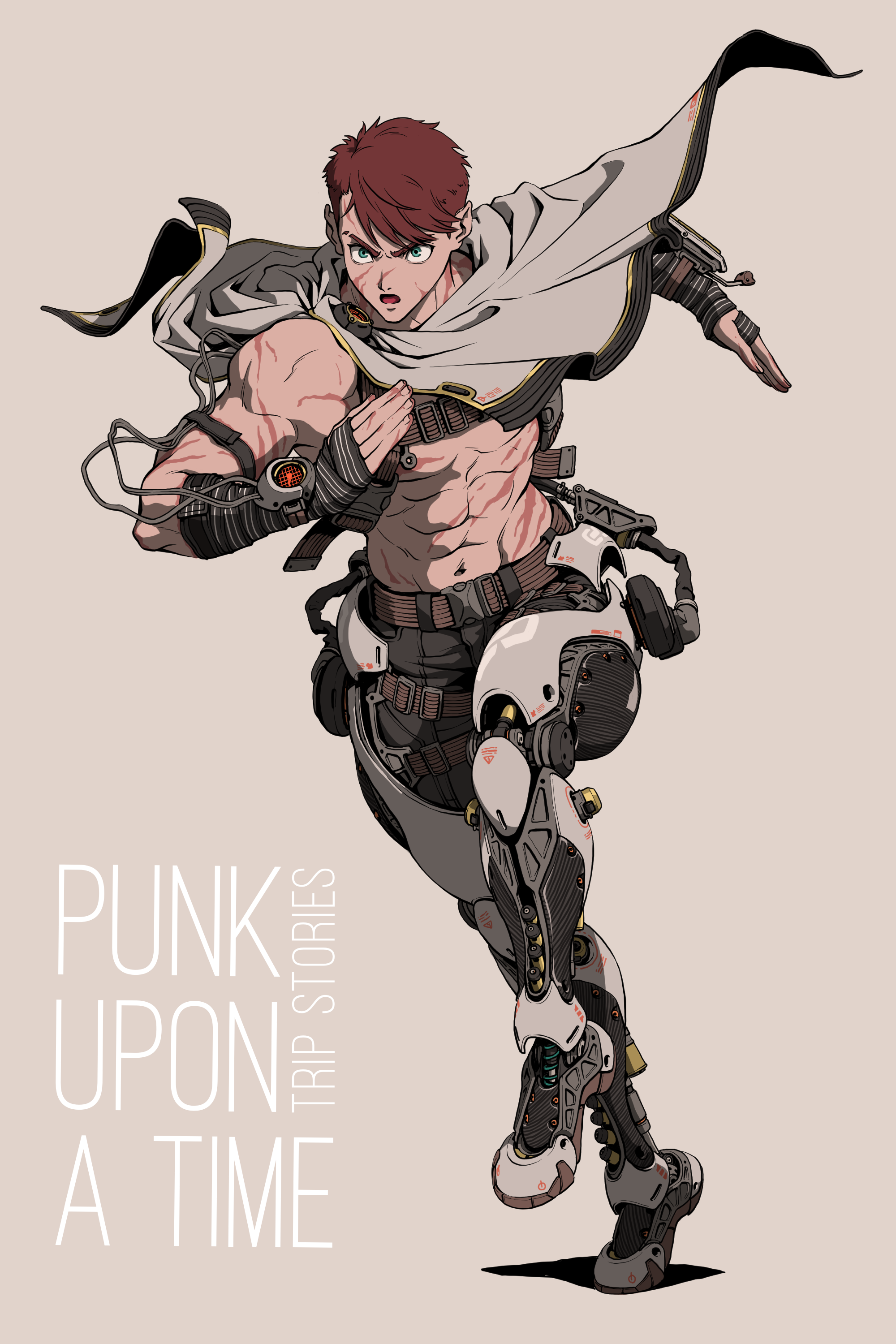 original, absurdres, character request, commentary request, copyright request, highres, 1boy, abs, black pants, brown background, buckle, cloak, cyberpunk, english text, exoskeleton, full body, green eyes, harness, pants, red hair, running, scar, snap-fit buckle, solo, standing, user ujsh8484
