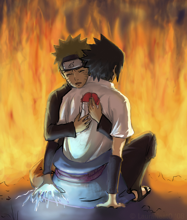 lauraneato, uchiha sasuke, uzumaki naruto, naruto (classic), naruto (series), 2boys, chidori (jutsu), crest, family crest, fire, hug, male focus, multiple boys