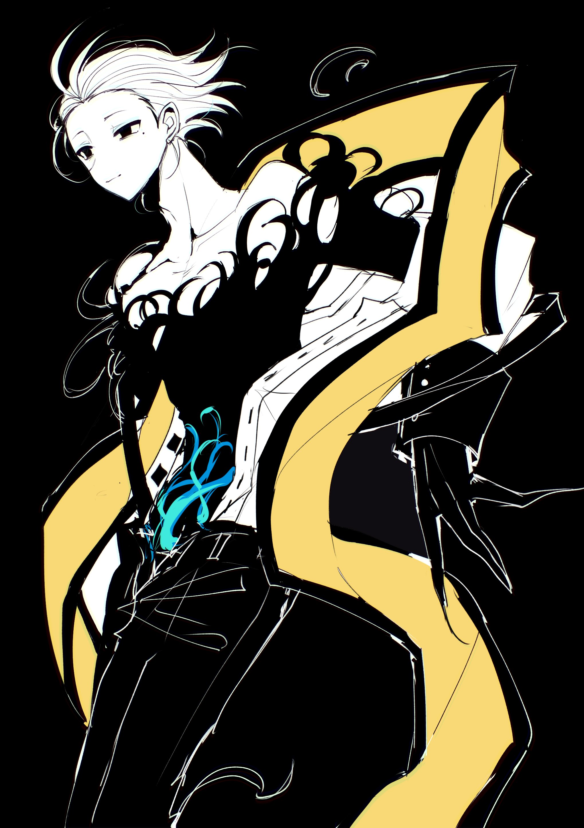 teketeke (tasutekete), mochizuki ryouji, persona, persona 3, absurdres, highres, black background, black eyes, black pants, collarbone, dutch angle, fingernails, long fingers, long scarf, pants, partial transformation, scarf, sharp fingernails, shirt, shirt tucked in, sleeve cuffs, white shirt, yellow scarf