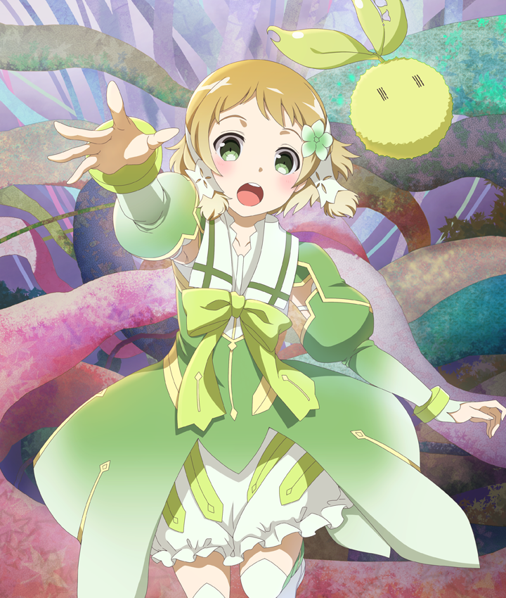 inubouzaki itsuki, kodama (yuyuyu), toji no miko, toji no miko: kizamishi issen no tomoshibi, yuuki yuuna wa yuusha de aru, yuusha de aru, game cg, official art, third-party source, 1girl, :o, armpit cutout, blonde hair, bloomers, blush, bow, bowtie, clothing cutout, cowboy shot, dot nose, dress, flower, green bow, green bowtie, green dress, green flower, green thighhighs, hair flower, hair ornament, long sleeves, looking at viewer, magical girl, open mouth, outstretched arm, reaching, reaching towards viewer, short hair, solo, standing, standing on one leg, teeth, thighhighs, underwear, upper teeth only, white bloomers