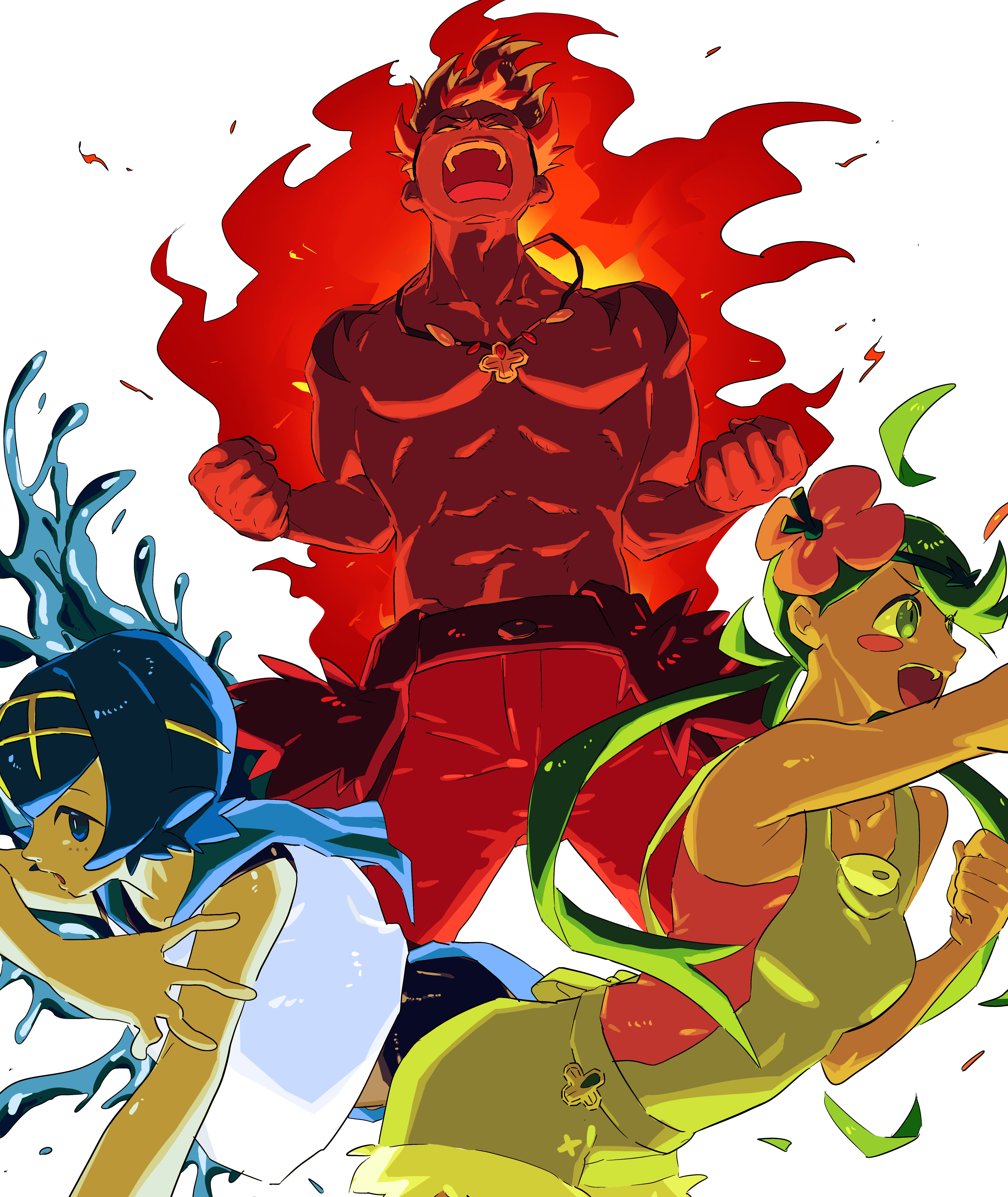 kiawe (pokemon), lana (pokemon), mallow (pokemon), nintendo, pokemon, pokemon sm, absurdres, commentary request, highres, 1boy, 2girls, :d, blue eyes, blue hair, blush stickers, bokoboko a, falling leaves, fire, green eyes, green hair, grey overalls, leaf, long hair, multiple girls, muscular, muscular male, open mouth, overalls, pink shirt, shirt, short hair, sleeveless, sleeveless shirt, smile, teeth, twintails, upper teeth only, water, water drop, white shirt