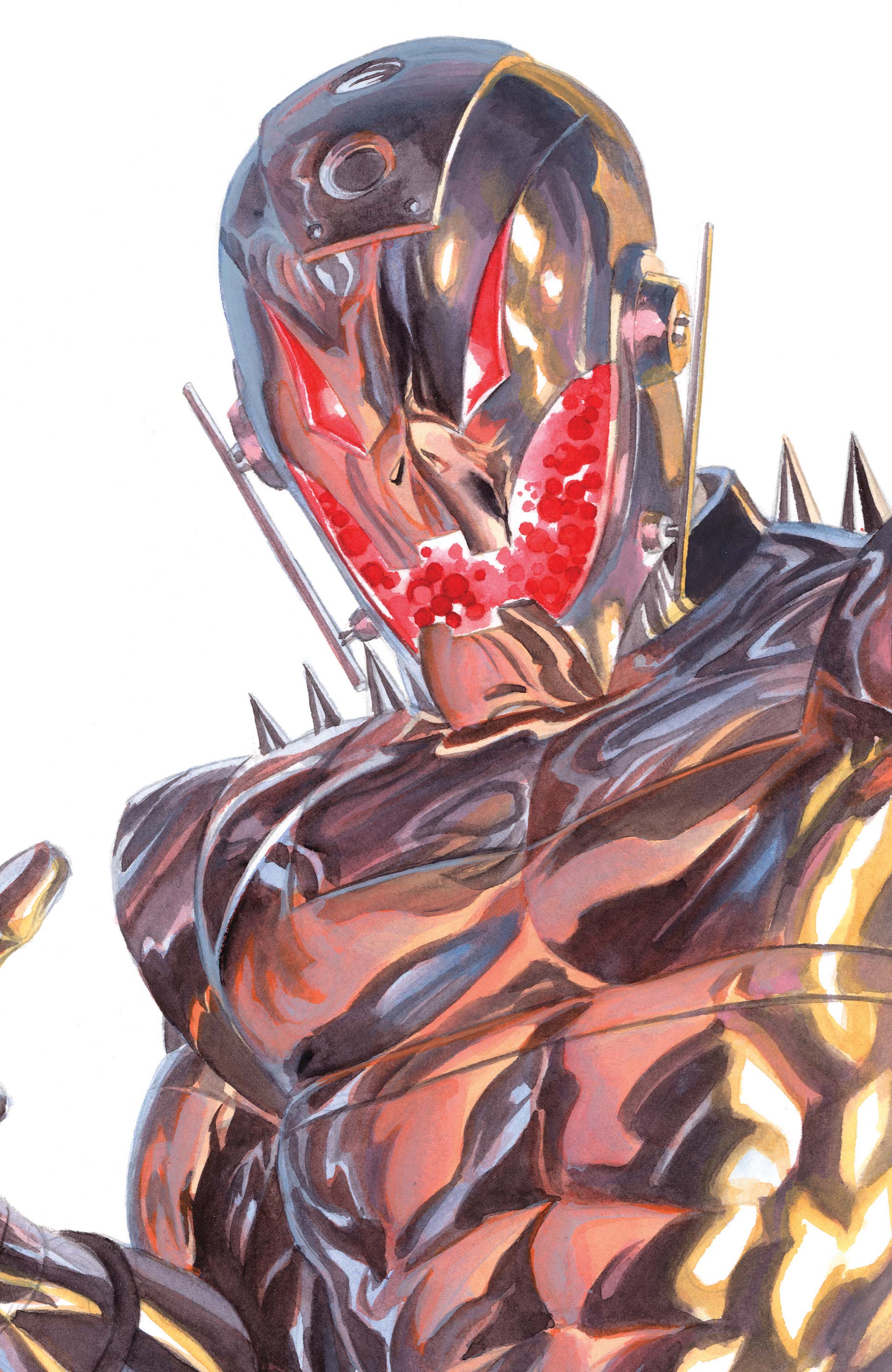 alex ross, ultron, avengers (series), marvel, absurdres, comic cover, highres, official art, 1boy, cover, cover page, humanoid robot, looking at viewer, male focus, metal skin, muscular, muscular male, red eyes, robot, robot boy, shoulder spikes, solo, spikes, upper body, western comics (style), white background