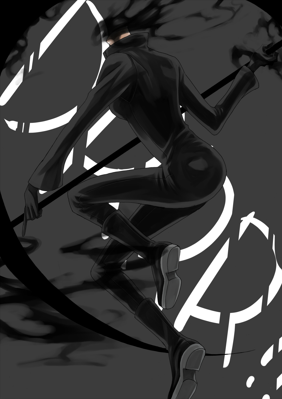 akamaki, celty sturluson, durarara!!, highres, 1girl, bodysuit, boots, breasts, dark, darkness, dullahan, female focus, headless, scythe, skin tight, smoke, solo