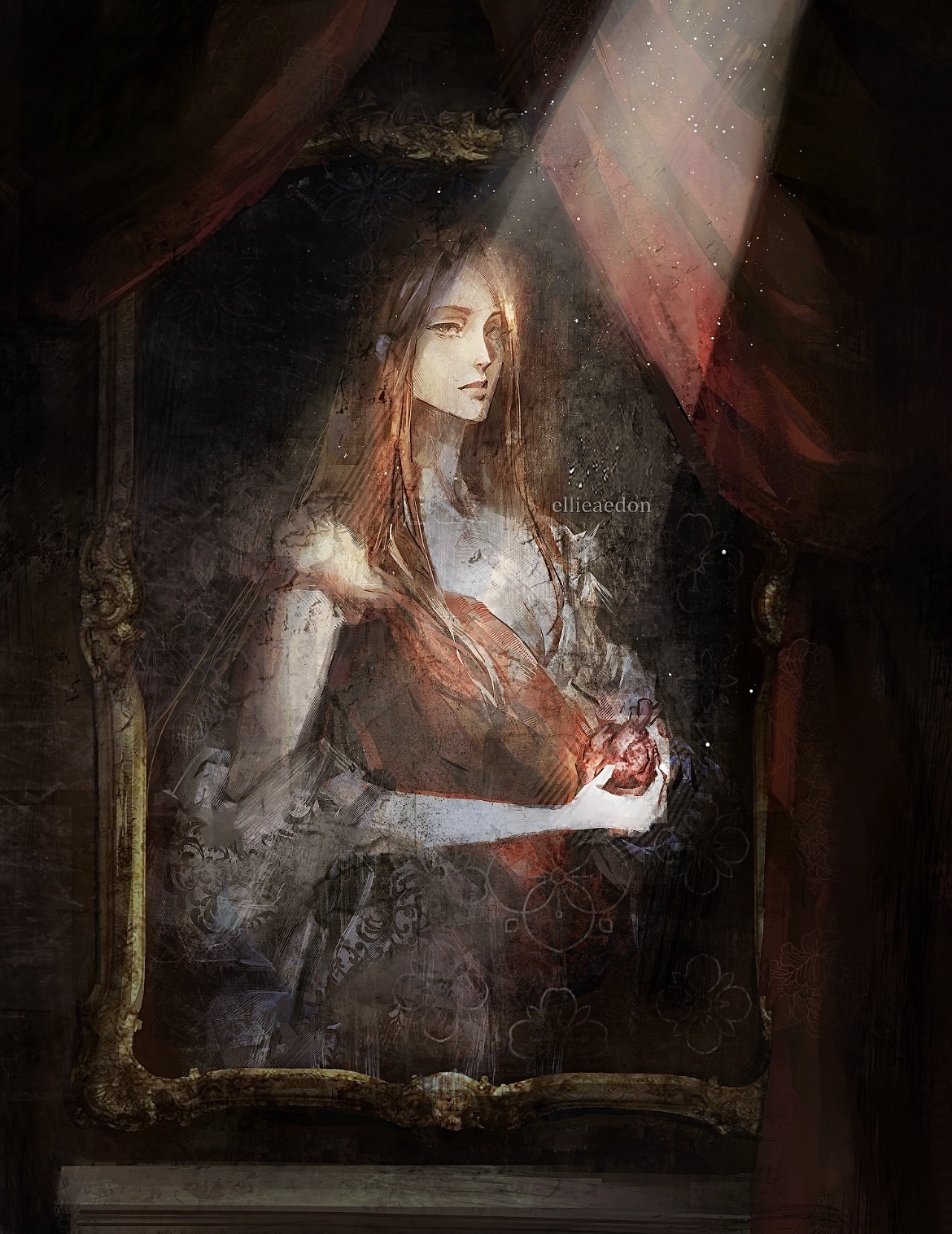ellieaedon, solvane (shadow slave), shadow slave, clothing request, commentary, english commentary, highres, 1girl, aegyo sal, brown eyes, brown hair, curtains, dress, heart (organ), holding, holding heart (organ), light rays, long hair, looking at viewer, portrait, portrait (object), red dress, solo
