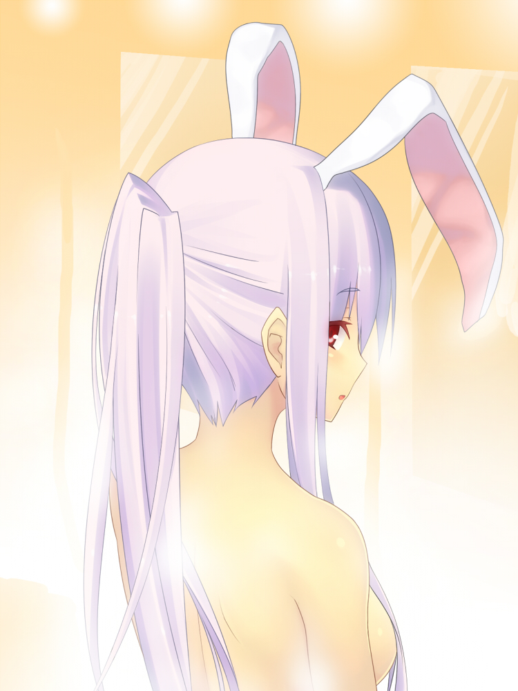 izumi sai, reisen udongein inaba, touhou, bad id, bad pixiv id, 1girl, alternate hairstyle, animal ears, back, breasts, extra ears, female focus, from behind, long hair, looking back, nape, nude, open mouth, ponytail, purple hair, rabbit ears, red eyes, solo, topless frame, upper body