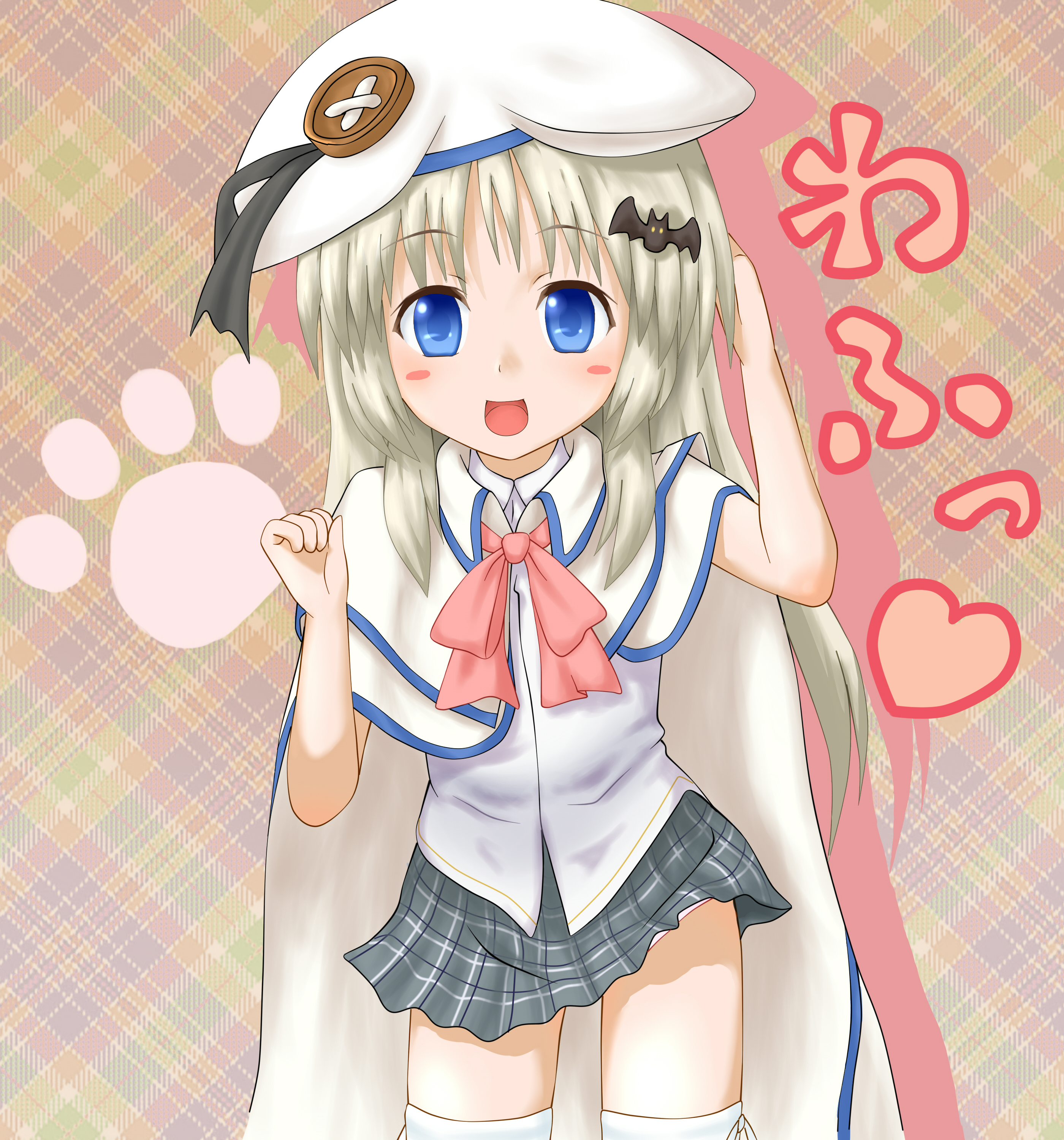 kyuri, noumi kudryavka, little busters!, absurdres, bad id, bad pixiv id, highres, 1girl, blonde hair, blue eyes, blush stickers, bow, cape, fang, female focus, hat, large buttons, long hair, pink bow, plaid clothes, plaid skirt, school uniform, skirt, solo, thighhighs