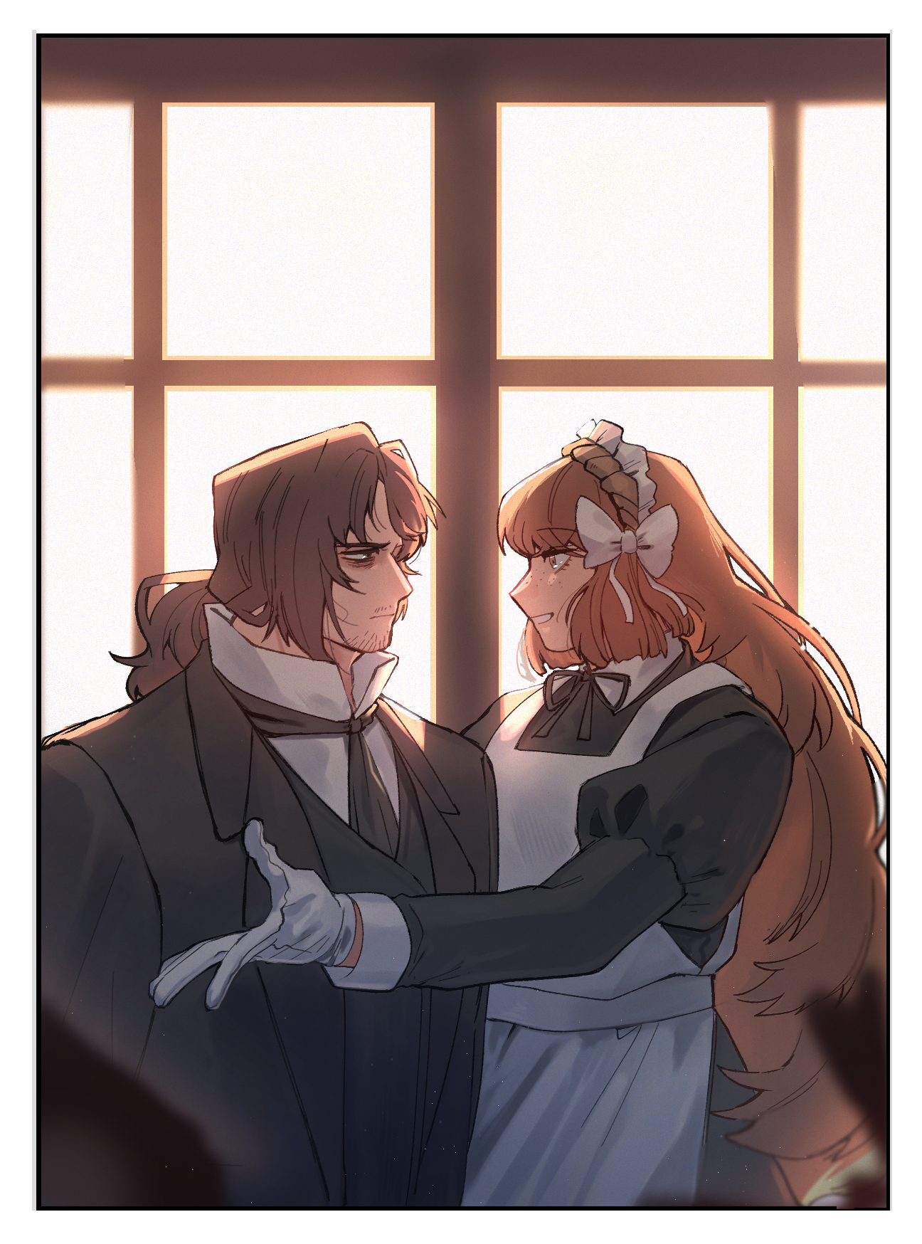 gregor (project moon), ishmael (project moon), limbus company, project moon, absurdres, highres, 1boy, 1girl, alternate costume, apron, backlighting, bags under eyes, beard stubble, black bow, black bowtie, black coat, black dress, black gloves, black necktie, black ribbon, black suit, black vest, blurry, blurry foreground, bow, bowtie, brown eyes, brown hair, clenched teeth, closed mouth, coat, collared shirt, contrast collar, dress, eye contact, facial hair, formal clothes, frilled headdress, frills, from side, frown, gloves, hair bow, indoors, juliet sleeves, light particles, long hair, long sleeves, looking at another, low ponytail, maid, maid apron, maid headdress, male focus, neck ribbon, necktie, open clothes, orange eyes, orange hair, parted lips, ponytail, profile, puffy long sleeves, puffy sleeves, ribbon, shirt, sidelocks, simple background, smile, standing, stubble, suit, sunlight, teeth, upper body, very long hair, vest, white apron, white bow, white gloves, white shirt, window, wing collar, wuthering heights (identity) (project moon)