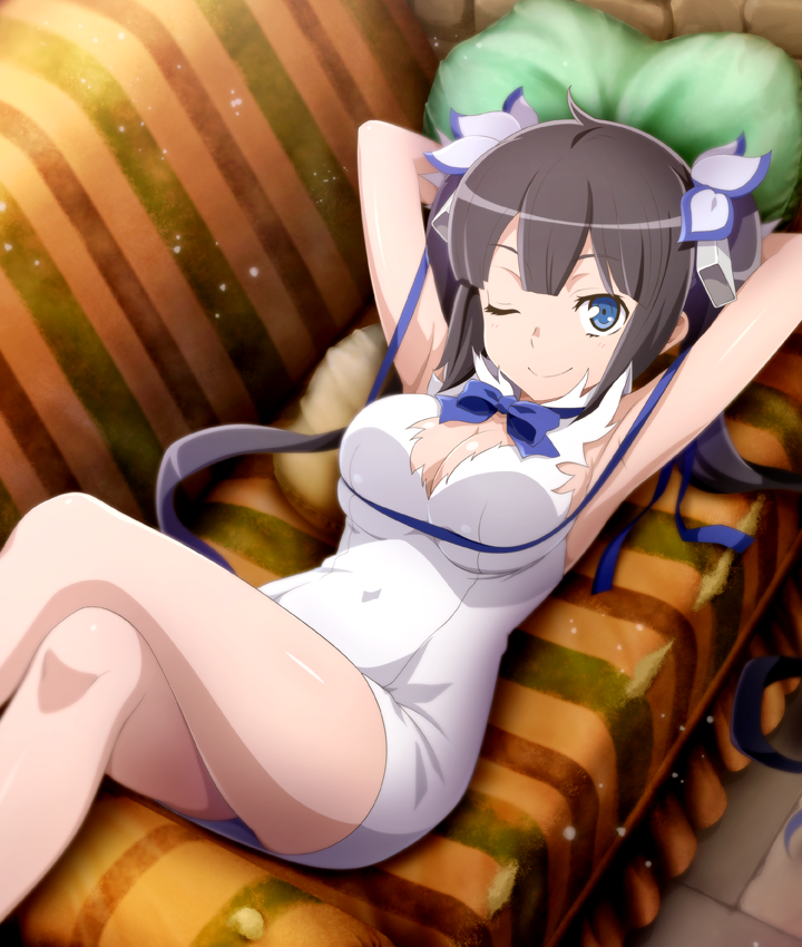 hestia (danmachi), dungeon ni deai wo motomeru no wa machigatteiru darou ka, toji no miko, toji no miko: kizamishi issen no tomoshibi, game cg, official art, third-party source, 1girl, ;), armpits, arms behind head, bare legs, black hair, blue bow, blue bowtie, blue eyes, blue ribbon, blunt ends, bow, bowtie, breasts, cleavage, cleavage cutout, closed mouth, clothing cutout, couch, crossed legs, double-parted bangs, dress, feet out of frame, from above, hair ornament, large breasts, long hair, looking at viewer, lying, on back, one eye closed, pillow, rei no himo, ribbon, skindentation, sleeveless, sleeveless dress, smile, solo, stone floor, twintails, very long hair, white dress