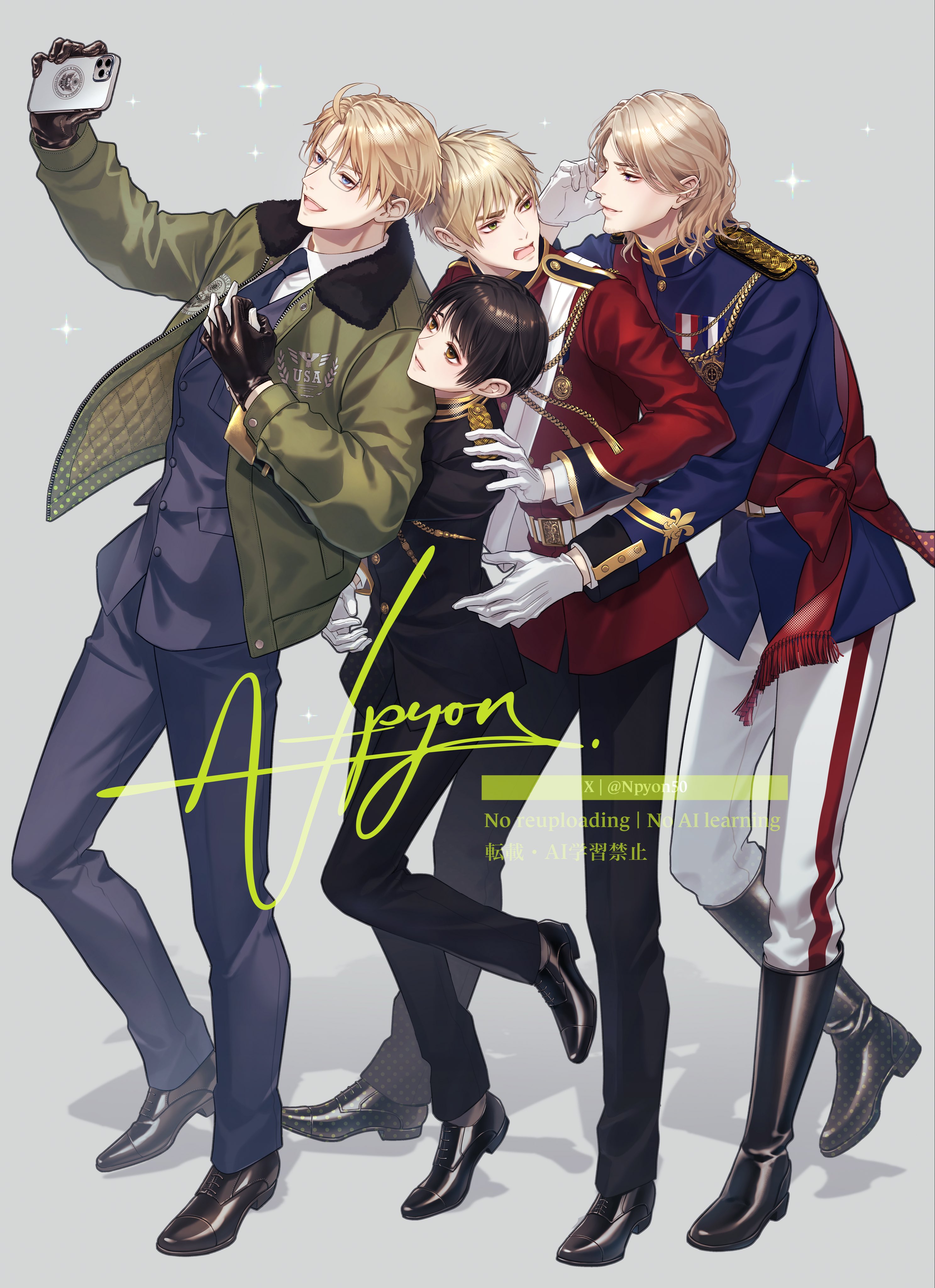 npyon, america (hetalia), axis powers hetalia, absurdres, character request, commentary request, highres, 4boys, black hair, black jacket, blonde hair, blue jacket, epaulettes, formal clothes, green jacket, group picture, jacket, looking at another, medal, military uniform, multiple boys, red jacket, selfie, suit