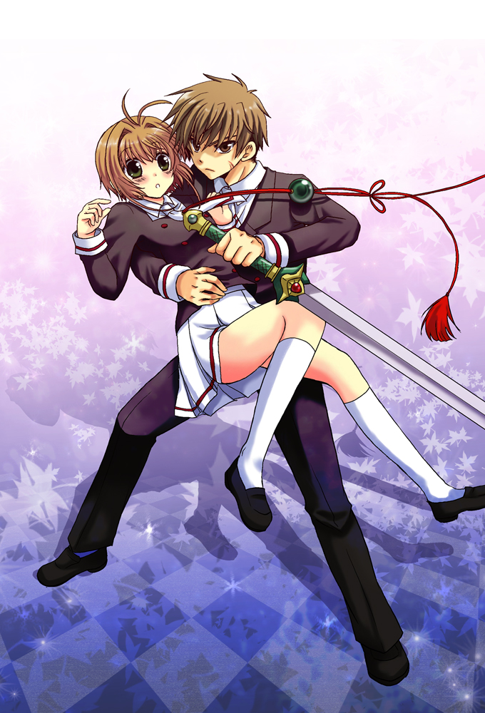 hanyuu (artist), hanyuu shion, kinomoto sakura, li syaoran, cardcaptor sakura, cardcaptor sakura clear card arc, 1990s (style), 1boy, 1girl, brown eyes, brown hair, carrying, child, green eyes, kneehighs, retro artstyle, scar, school uniform, short hair, socks, sword, tomoeda middle school uniform, weapon