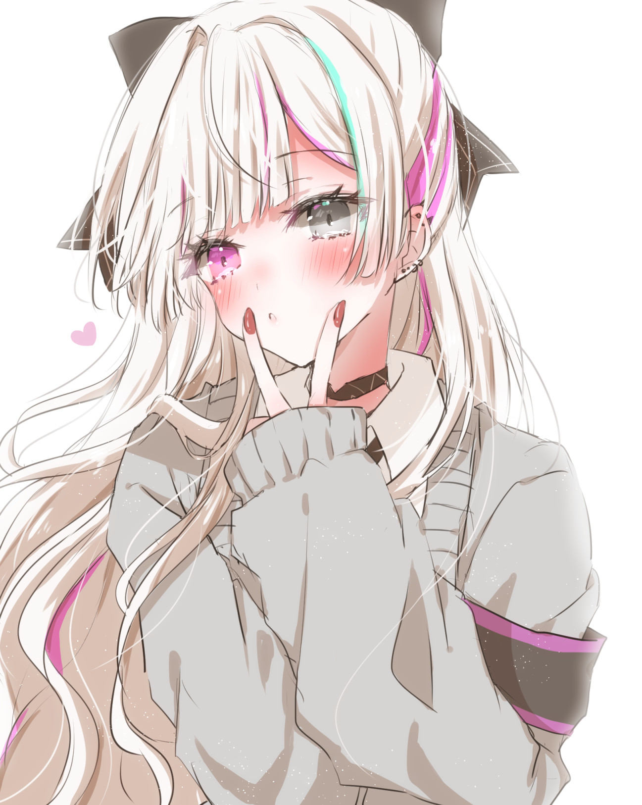 hiro (hirohiro31), ishigami nozomi, nijisanji, commentary, highres, symbol-only commentary, 1girl, black choker, blue hair, blush, cardigan, choker, ear piercing, grey eyes, grey hair, heterochromia, long hair, looking at viewer, multicolored hair, piercing, pink eyes, pink hair, solo, streaked hair, virtual youtuber, white background