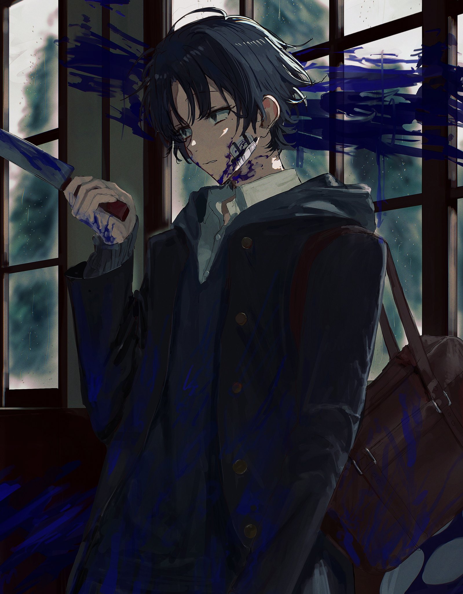 original, hashtag-only commentary, highres, 1boy, black eyes, black jacket, blood, blood on clothes, blood on face, blood splatter, bloody knife, blue blood, blue hair, brown bag, choppy bangs, closed mouth, cowboy shot, holding, holding knife, indoors, jacket, knife, long sleeves, male focus, open clothes, open jacket, sanpaku, short hair, sini user, solo, window