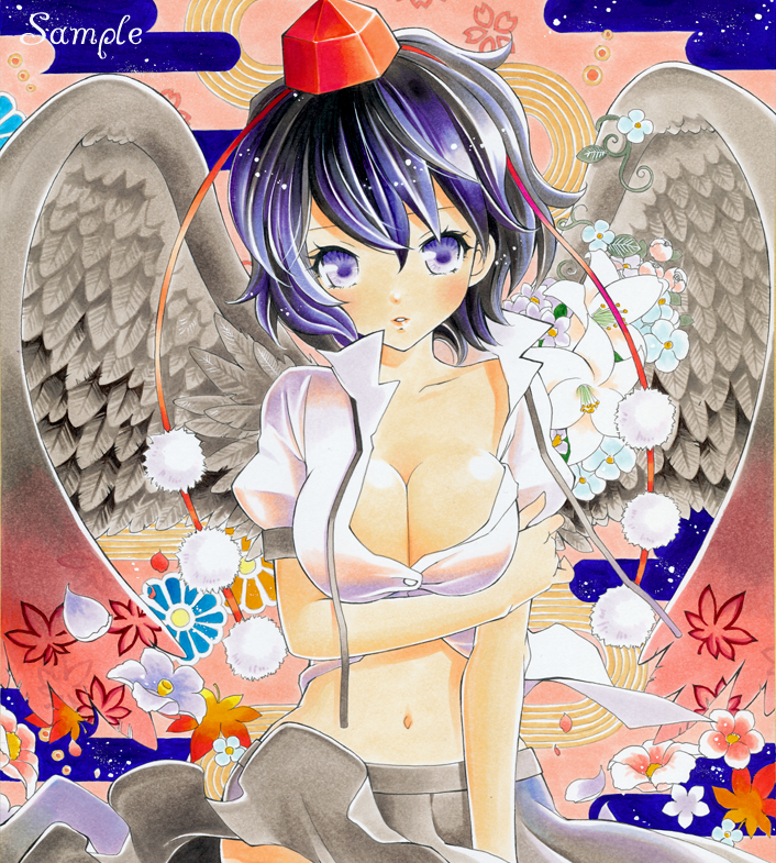 ayuayu (chisuke ayu), shameimaru aya, touhou, bad id, bad pixiv id, marker (medium), traditional media, 1girl, black hair, black wings, blush, breasts, cleavage, female focus, flower, hat, large breasts, looking at viewer, midriff, purple eyes, sample watermark, short hair, skirt, solo, tokin hat, watermark, wings
