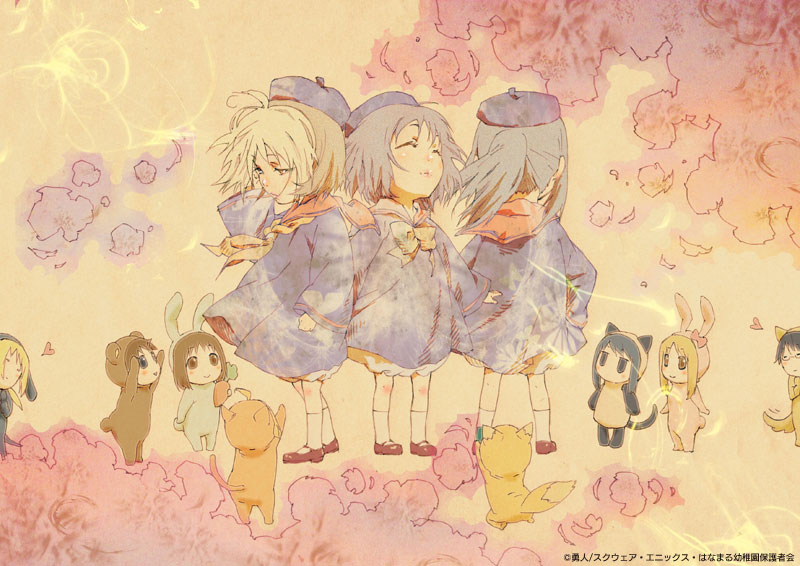 anzu (hanamaru youchien), hiiragi (hanamaru youchien), koume (hanamaru youchien), hanamaru youchien, beige background, official art, 6+girls, black hair, blonde hair, chibi, child, full body, gainaxtop, kindergarten, kindergarten uniform, long sleeves, multicolored hair, multiple girls, school uniform, simple background, size difference, standing