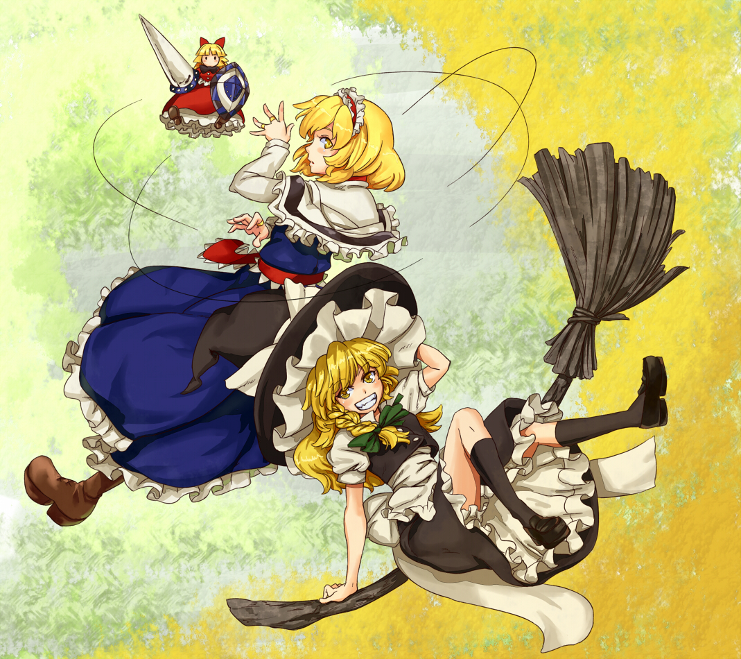 shibasaki shouji, alice margatroid, kirisame marisa, touhou, 2girls, blonde hair, braid, broom, broom riding, capelet, doll, female focus, frills, gathers, grin, hairband, hand on headwear, hat, lance, long hair, multiple girls, petticoat, polearm, shield, short hair, smile, spear, weapon, witch, witch hat, yellow eyes
