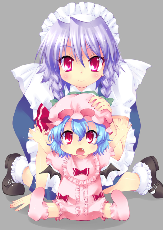 hoshino madoka, izayoi sakuya, remilia scarlet, embodiment of scarlet devil, touhou, silver hair, 2girls, aged down, bat wings, blue hair, braid, fang, female focus, hat, multiple girls, red eyes, short hair, twin braids, wings